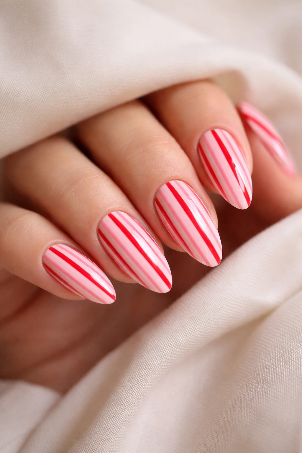 Almond nails with pink and red candy stripes on sheer base