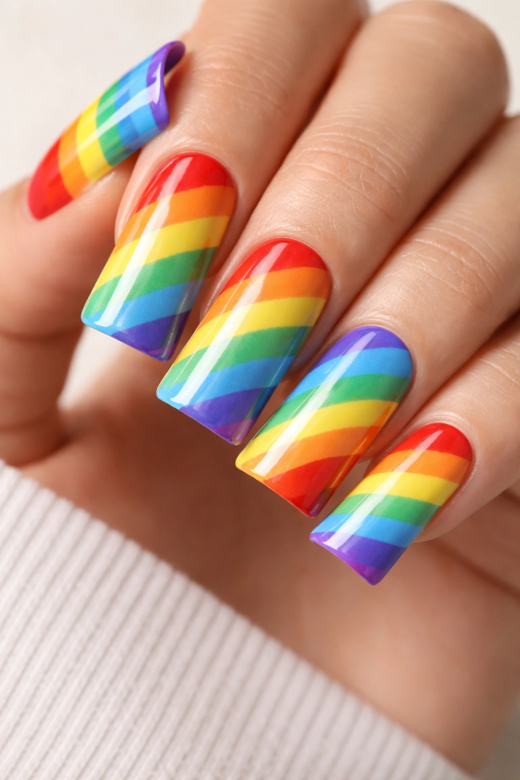 Duck nails with bold rainbow stripes on white base, vibrant color blocks
