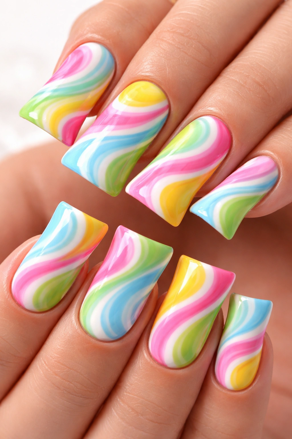 Duck nails with candy swirl patterns in bright pink mint yellow and blue