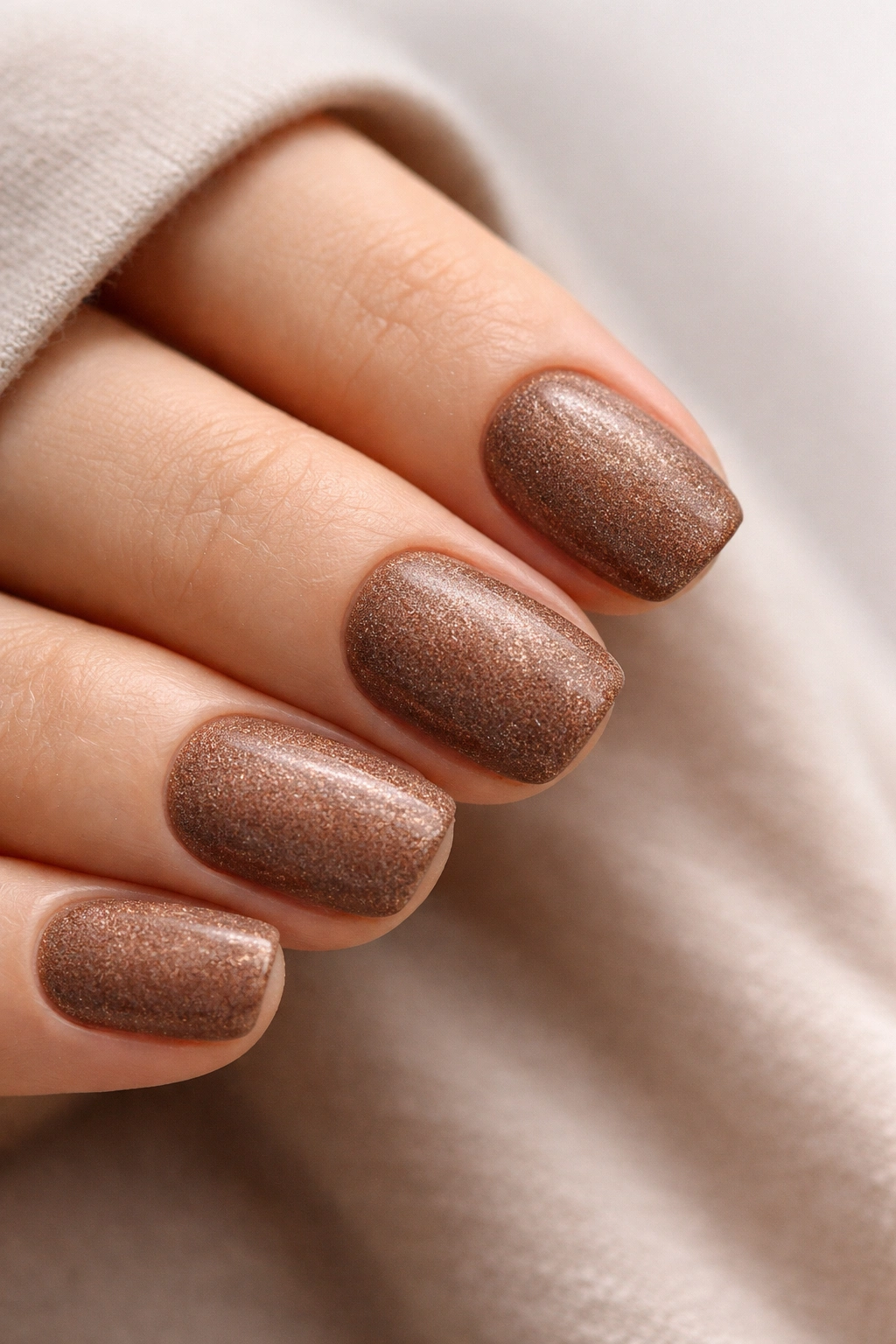 Close-up of short squoval nails in cappuccino brown with subtle velvet texture
