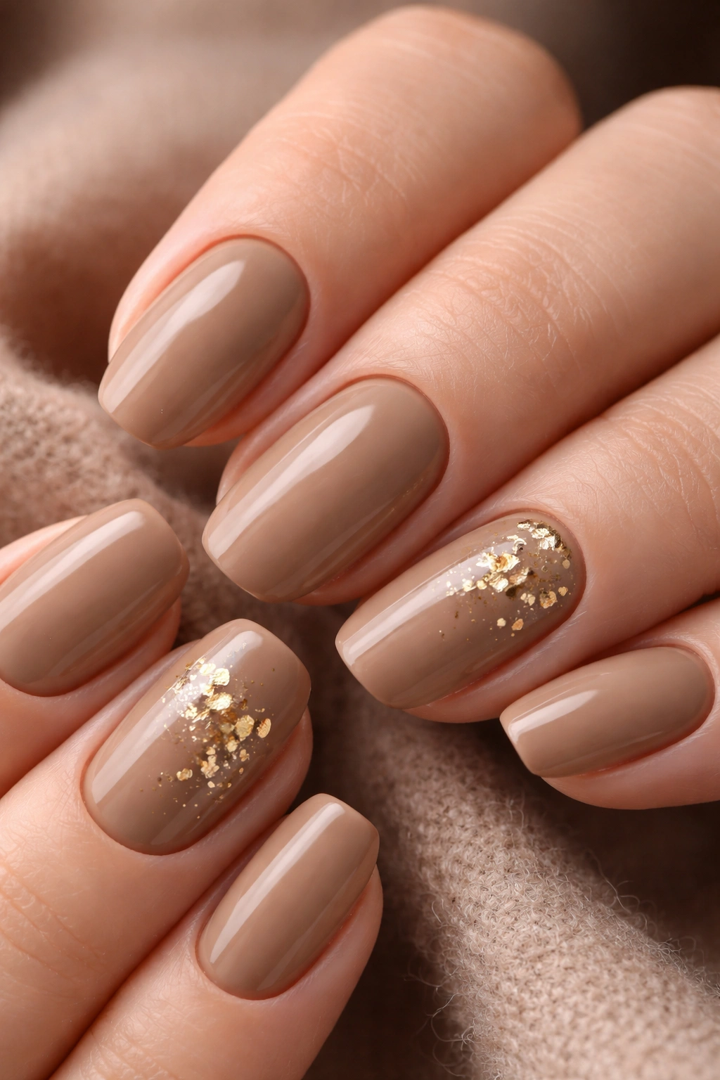 Cappuccino brown nails with subtle gold foil accents