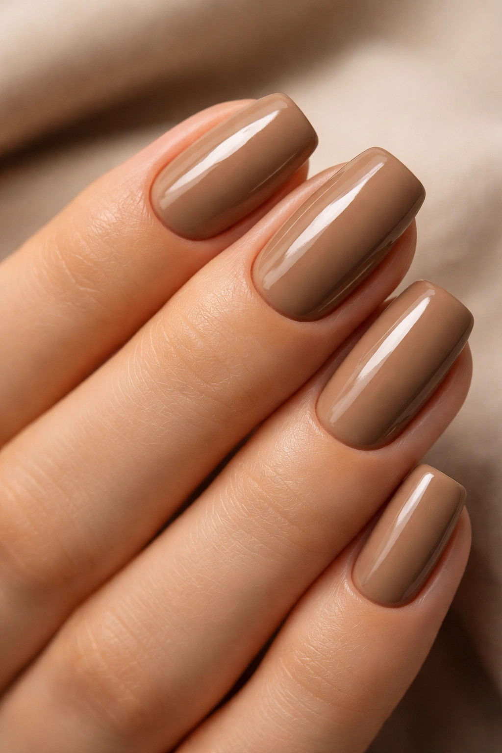 Close-up of nails painted in cappuccino brown