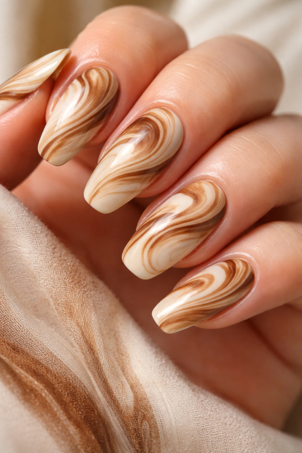Nails with cappuccino swirl art in cream and brown tones