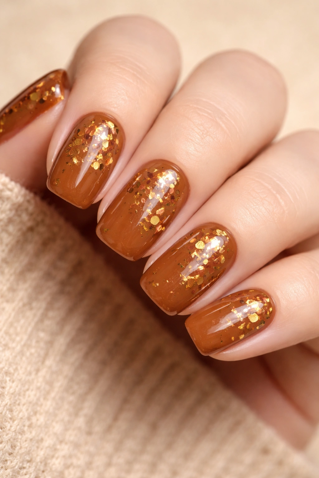 Caramel brown acrylic nails with amber foil accents
