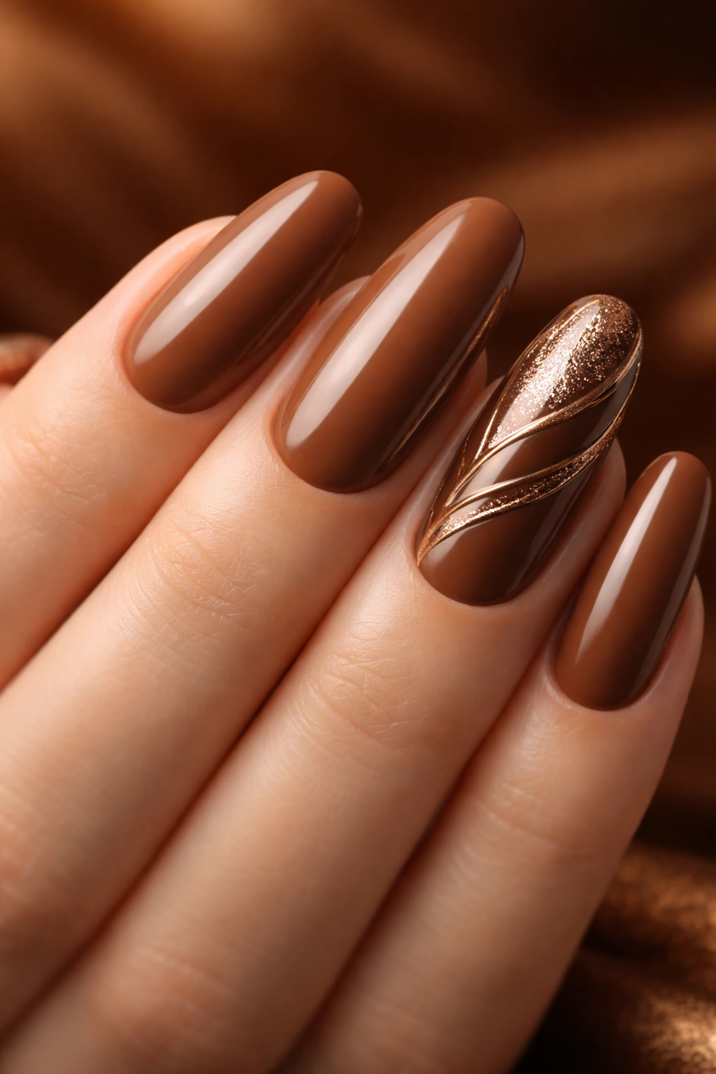 Caramel brown nails with bronze metallic details on long round nails