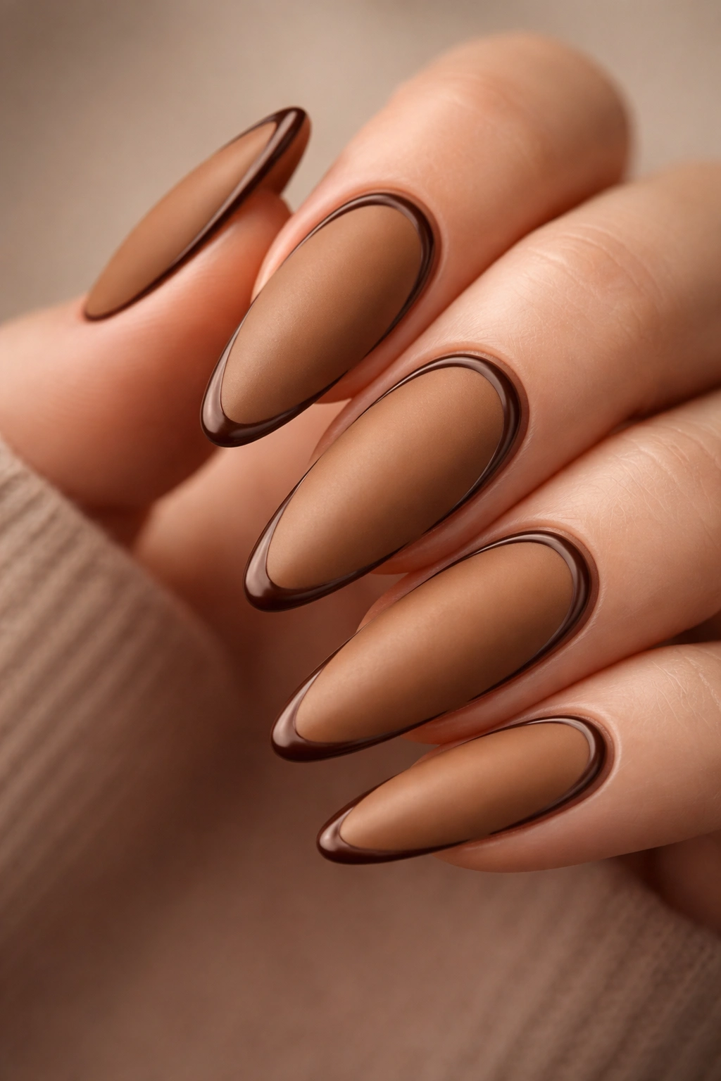 Almond nails with caramel brown matte and fine chocolate detailing