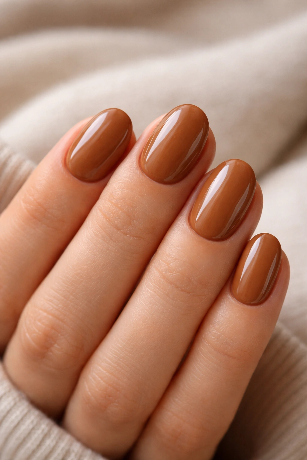 Close-up of short oval caramel brown nails with creamy surface