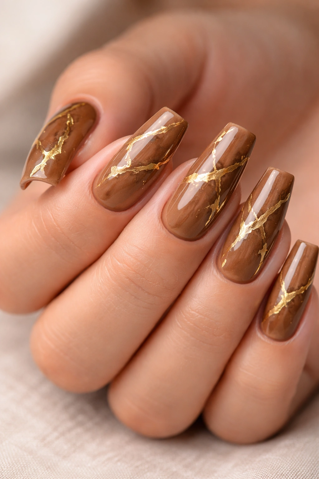 Close-up of caramel brown coffin nails with irregular gold foil veining.