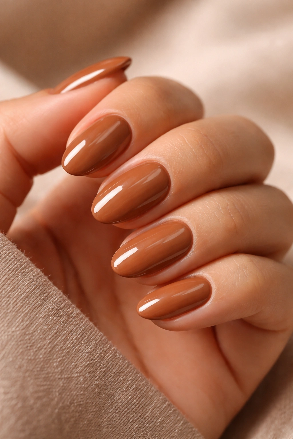 Caramel brown short almond nails with micro-gloss shine.