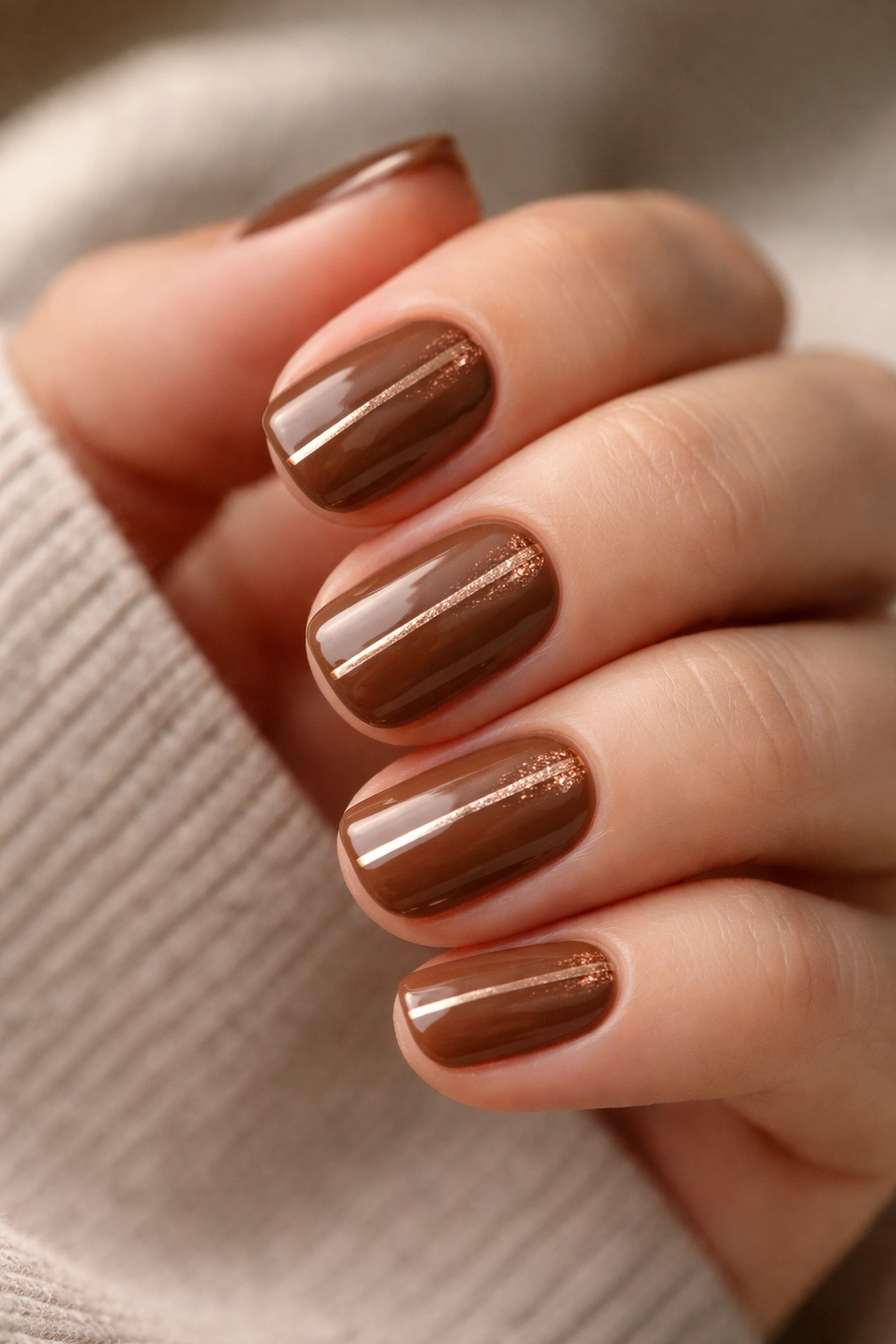 Close-up of caramel brown nails with rose gold accents on short squoval tips in warm studio light