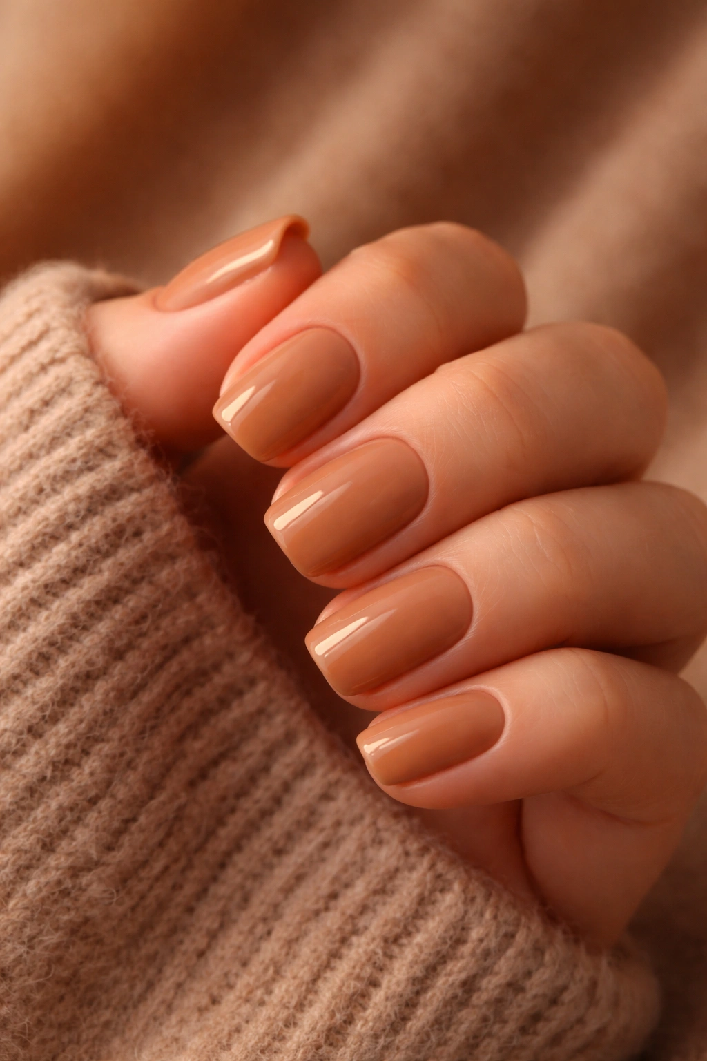 Close-up of short soft square nails in warm caramel creme
