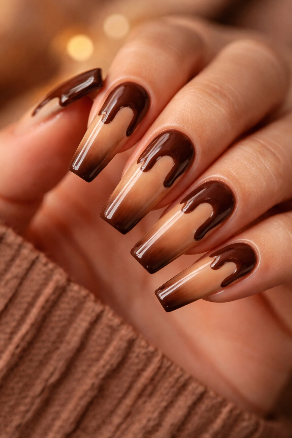 Coffin nails with caramel base and chocolate drip