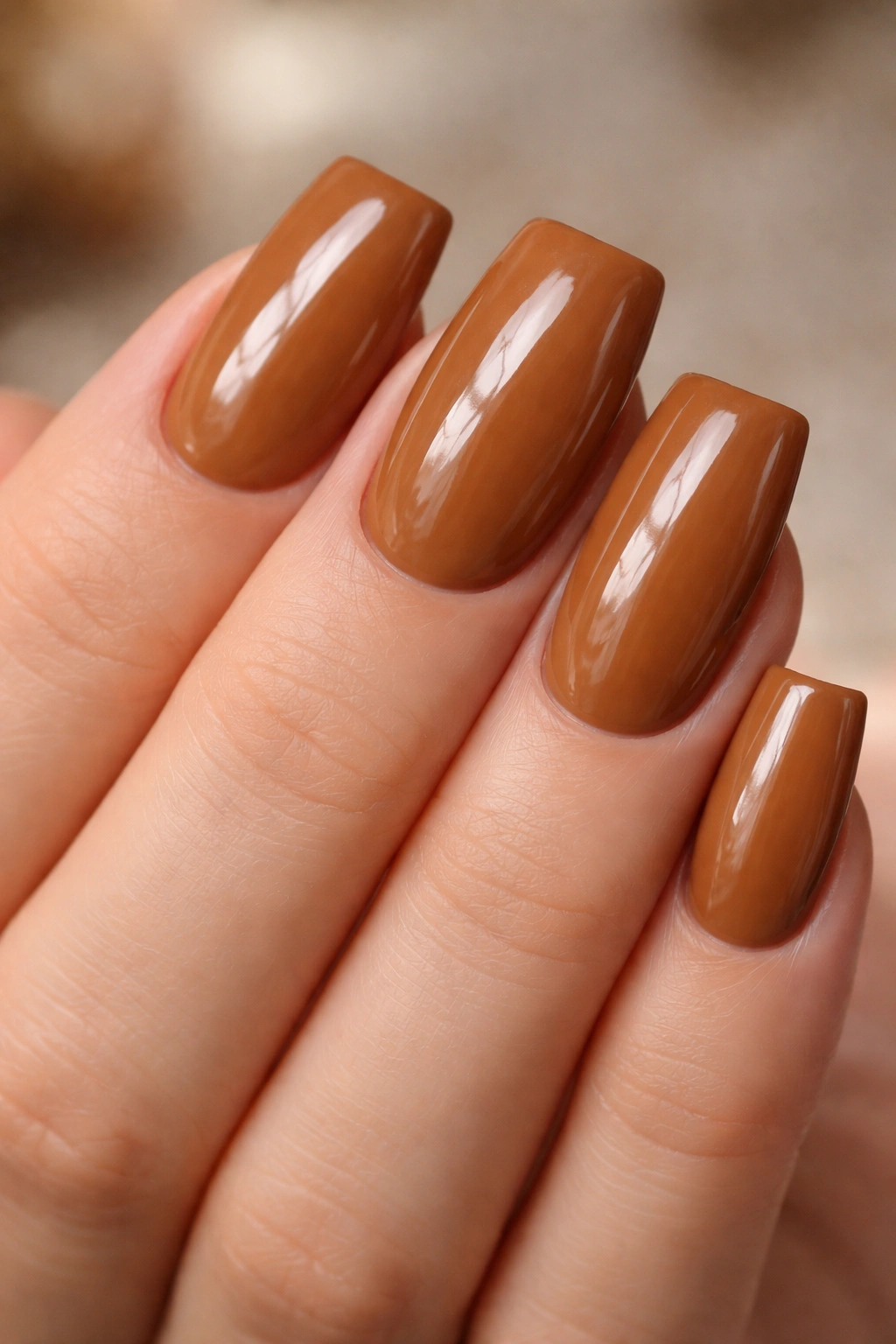 Close-up of short duck nails in warm caramel brown
