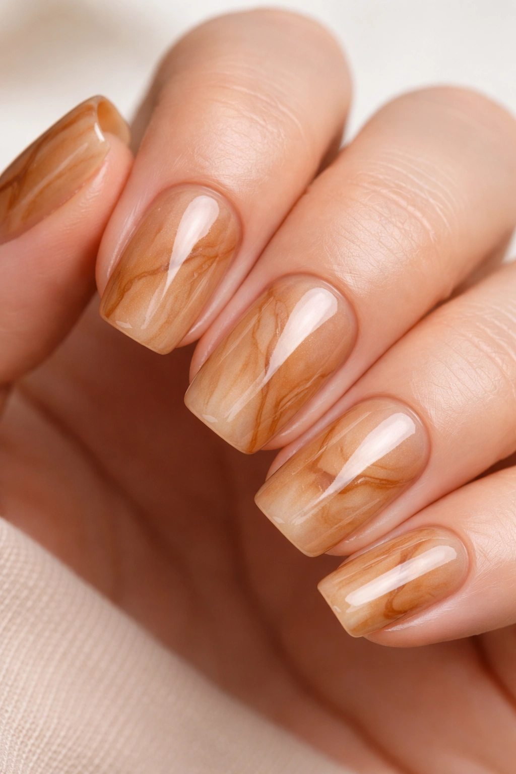 Close-up of squoval nails with light caramel glaze and subtle darker caramel marbling
