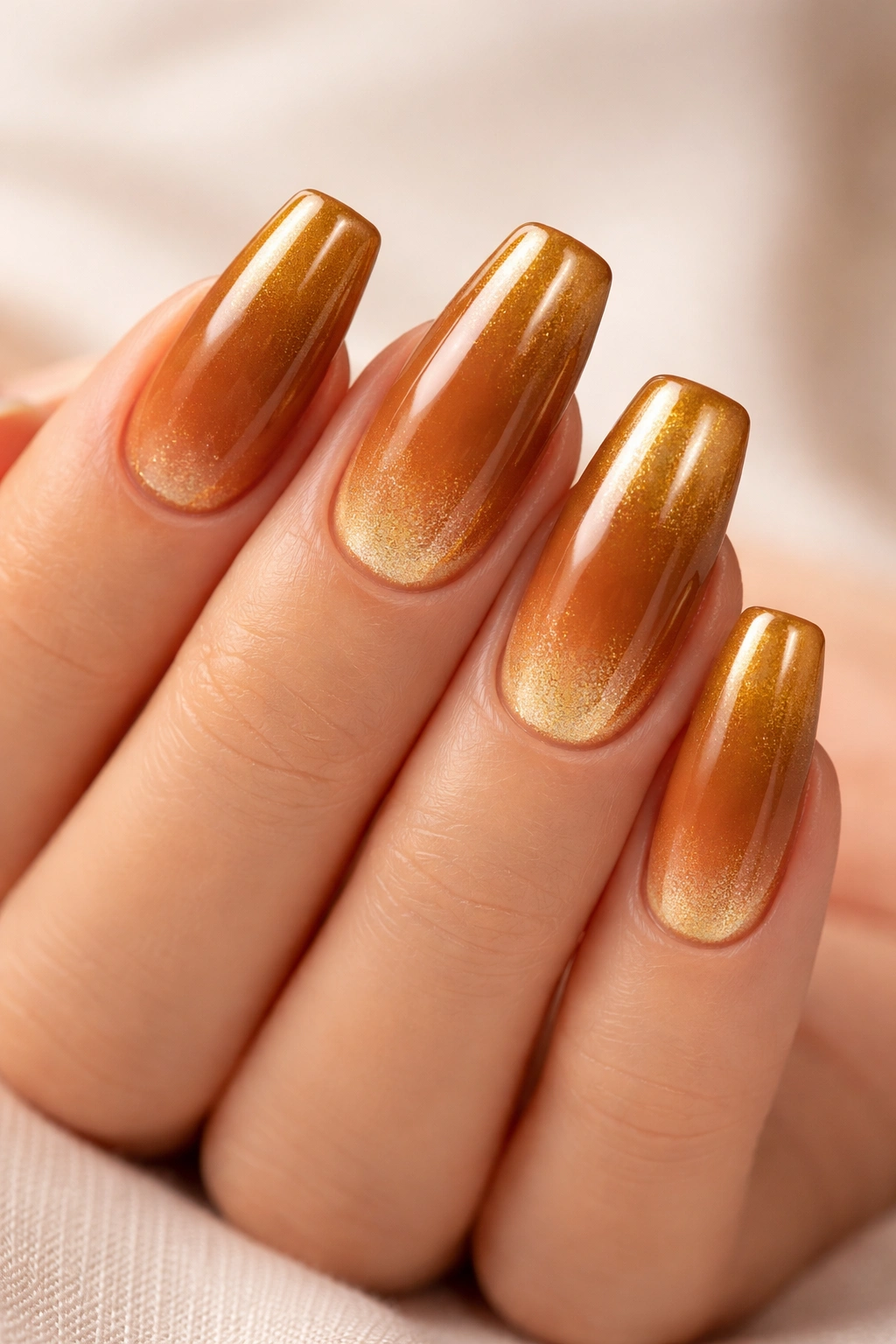 Nails gradient from caramel to gold with glossy finish