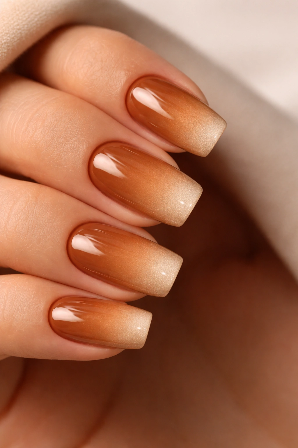 Close-up of warm caramel gradient squoval nails with seamless ombre