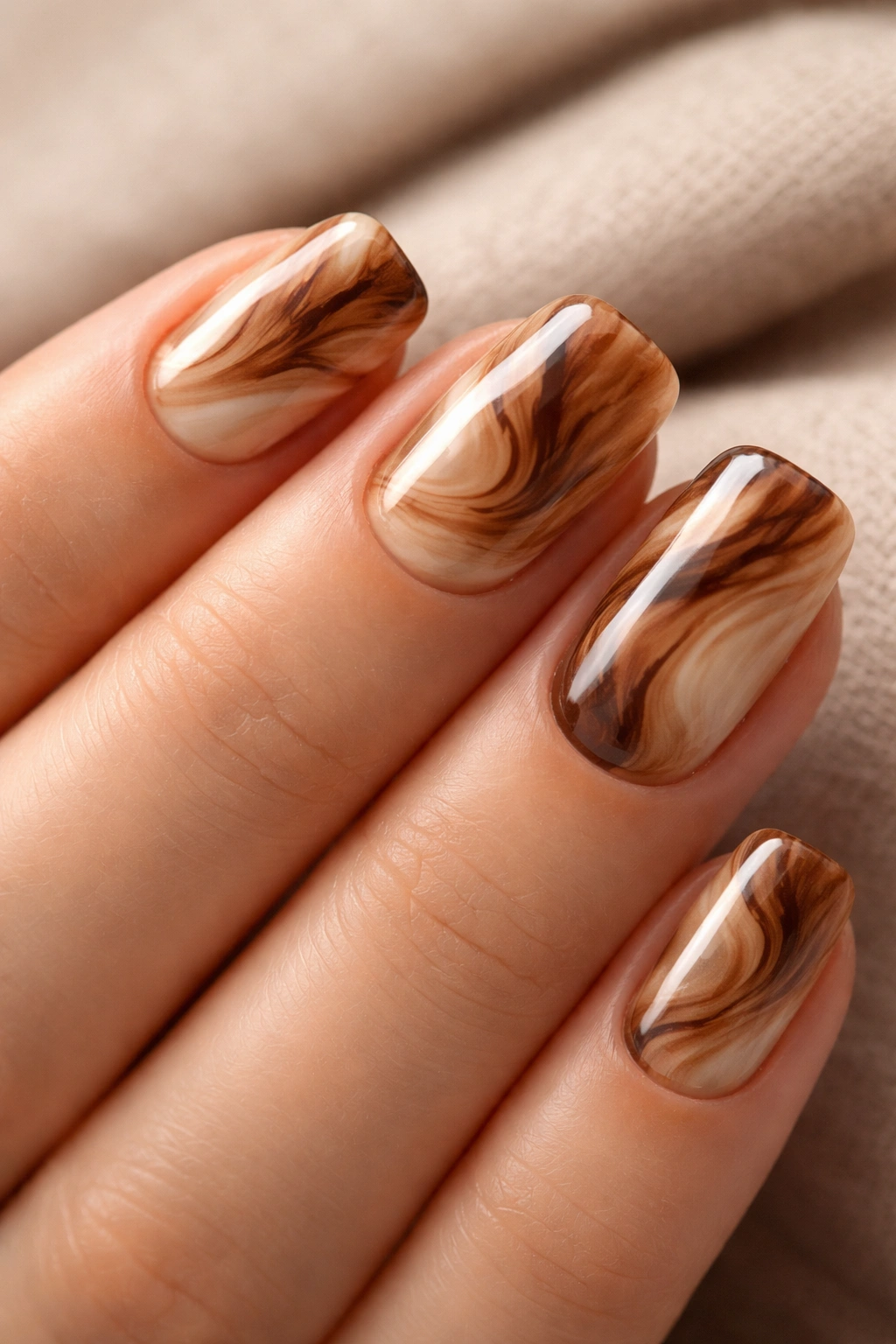 Close-up of warm caramel marbled nails in short squoval shape