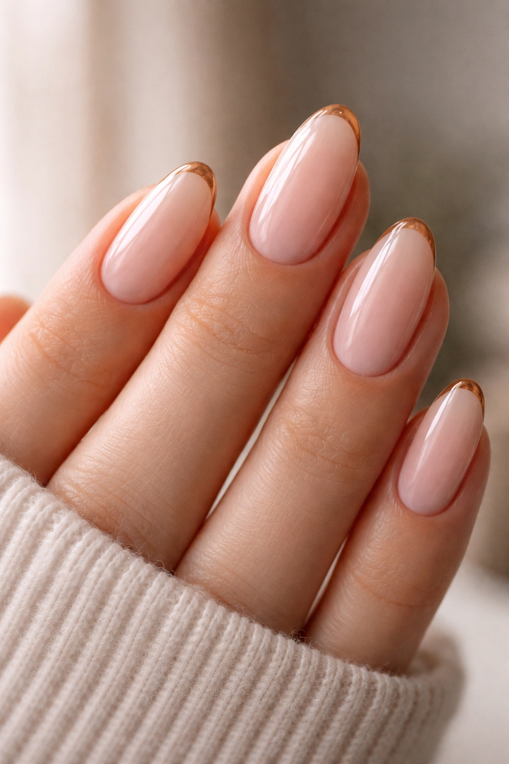 Close-up almond nails with caramel micro French on sheer nude base, glossy finish