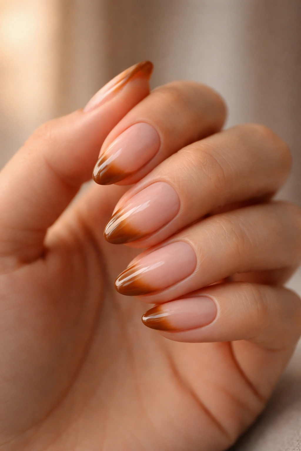 Close-up of a hand with short almond nails showing warm caramel tips on a sheer pink base