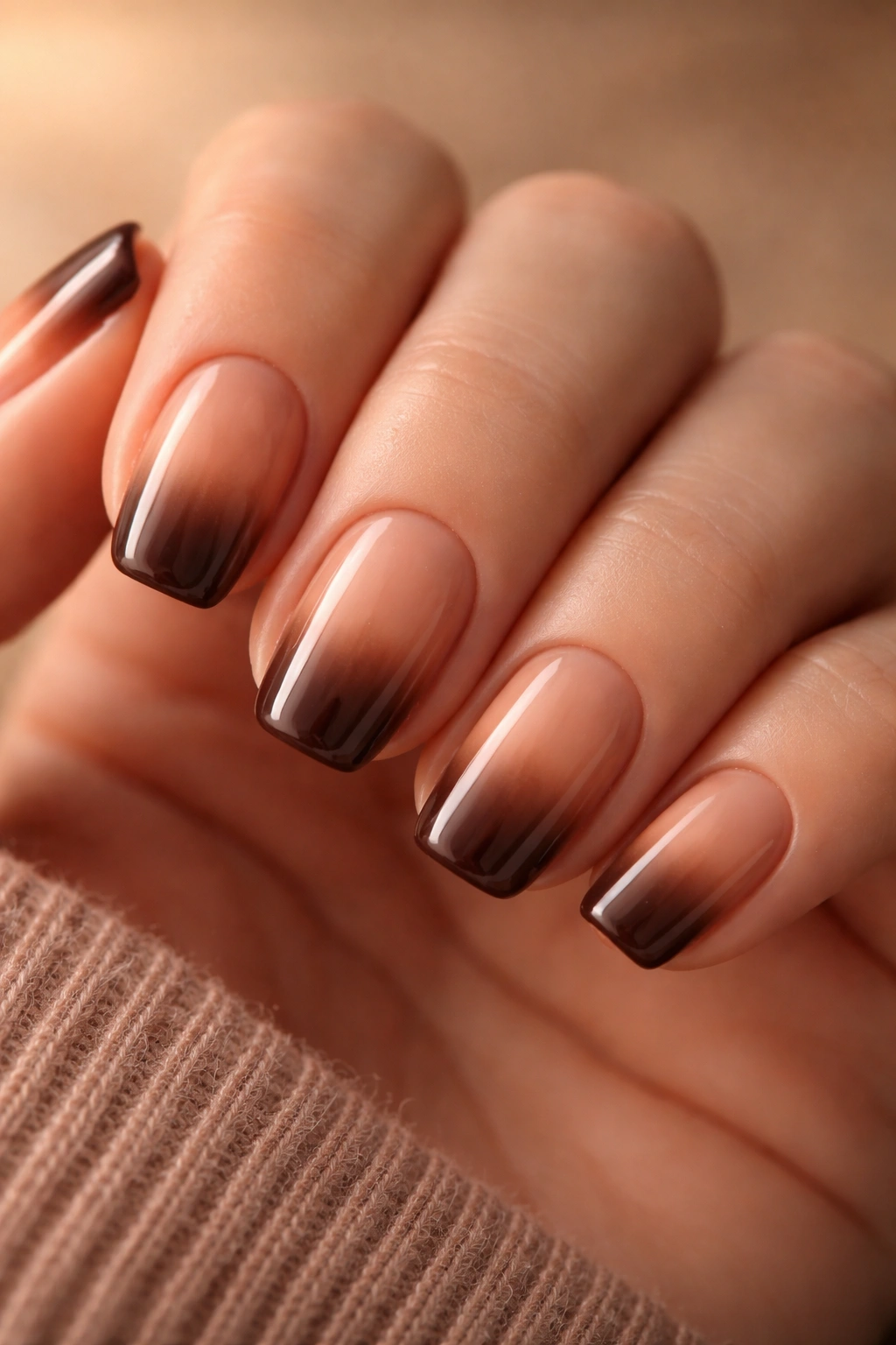 Close-up of warm caramel to chocolate ombré on short squoval nails