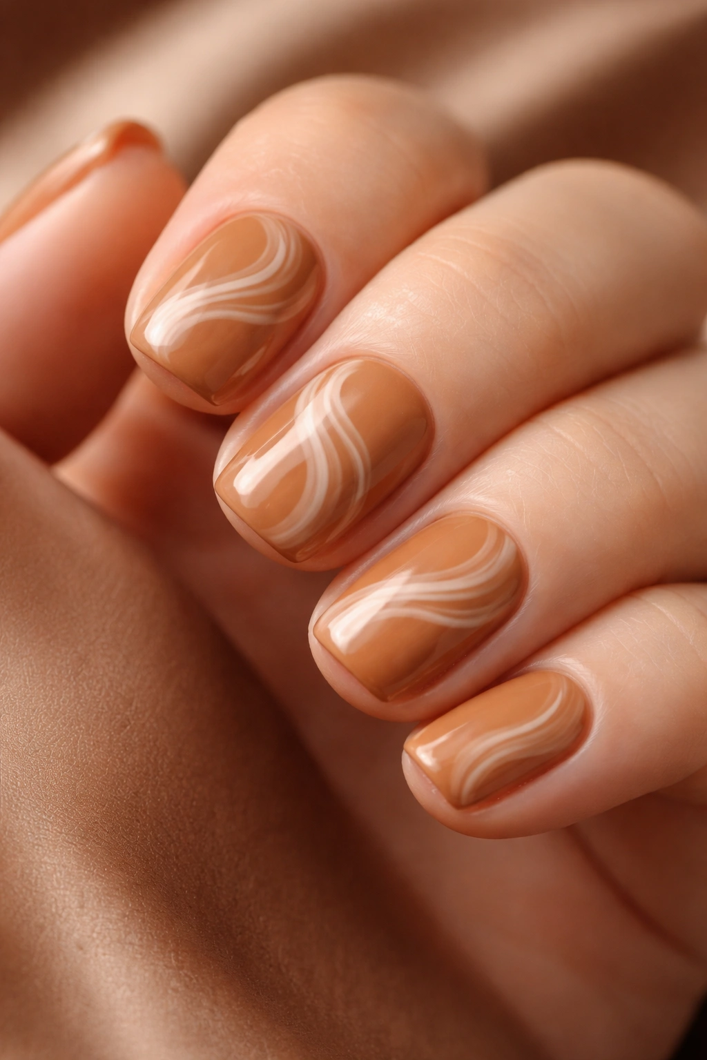 Close-up of short squoval nails with caramel base and cream swirl under warm light