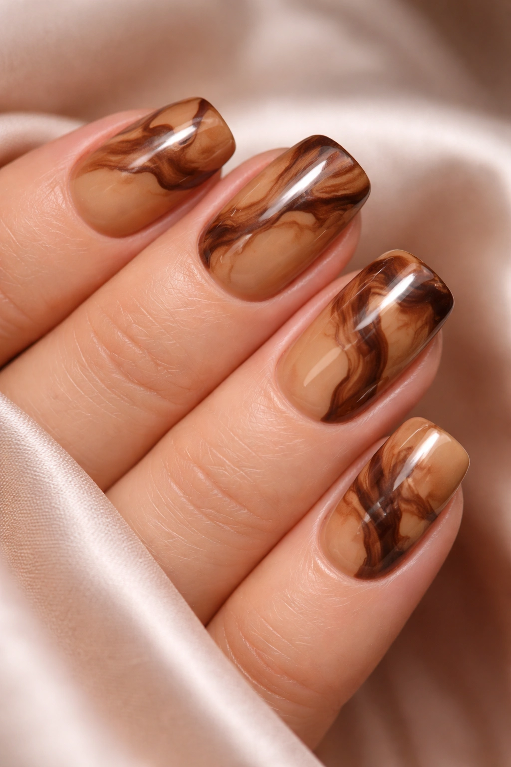 Close-up of short squoval nails with caramel base and espresso marble swirls