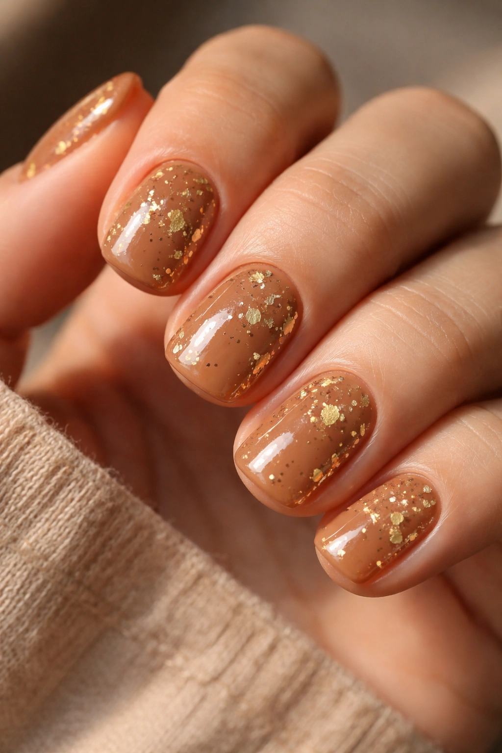 Close-up of short squoval nails in caramel with gold leaf accents