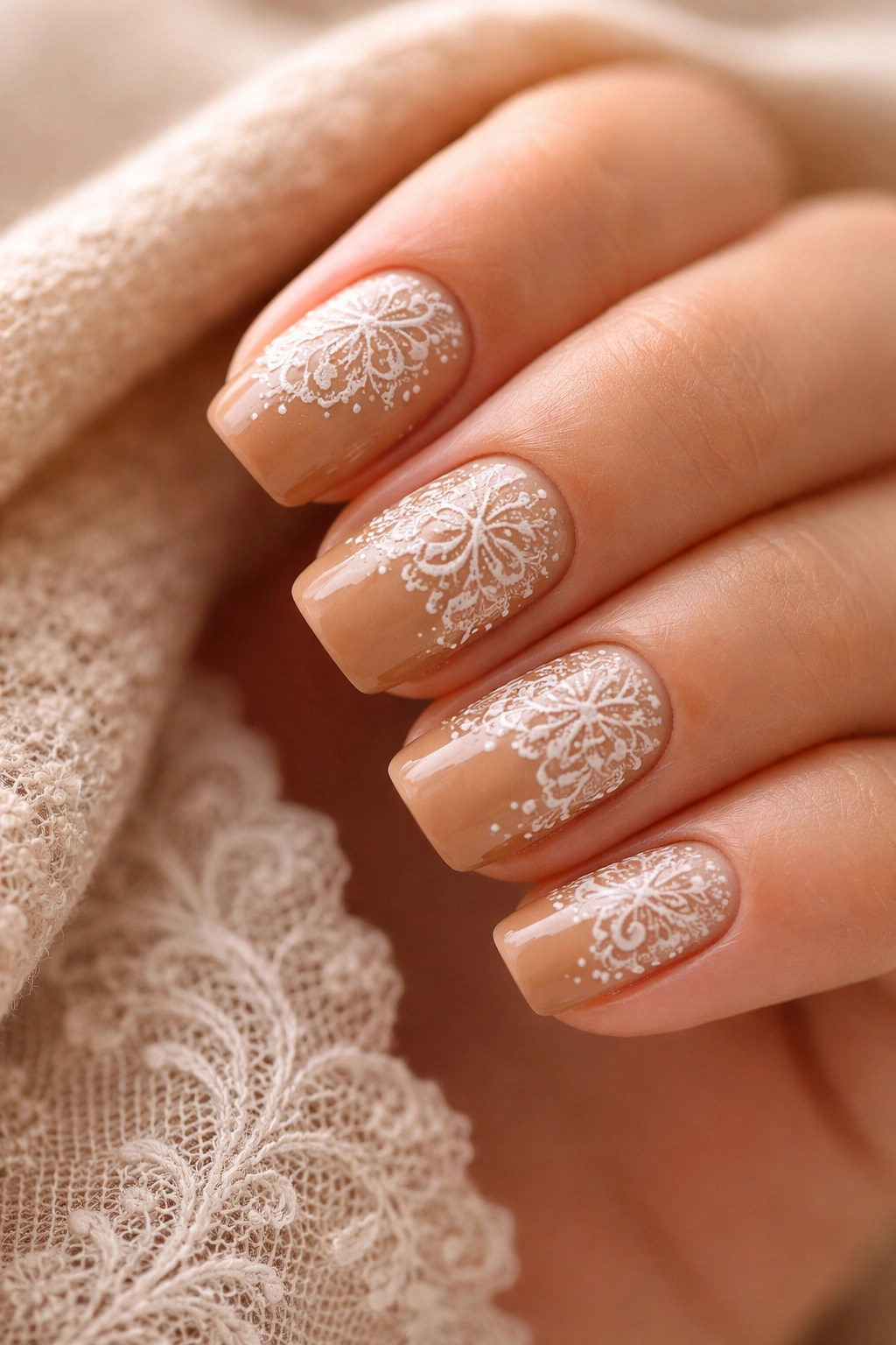 Close-up of short squoval nails with warm caramel base and white lace design
