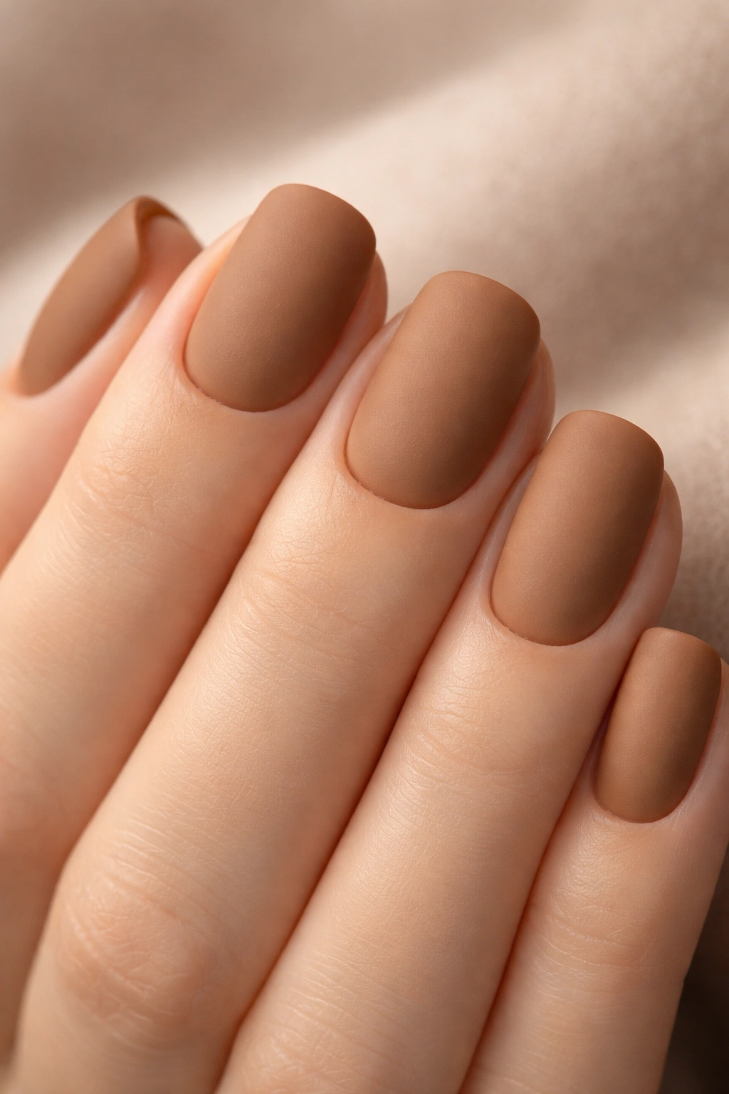 Matte caramel nails close-up