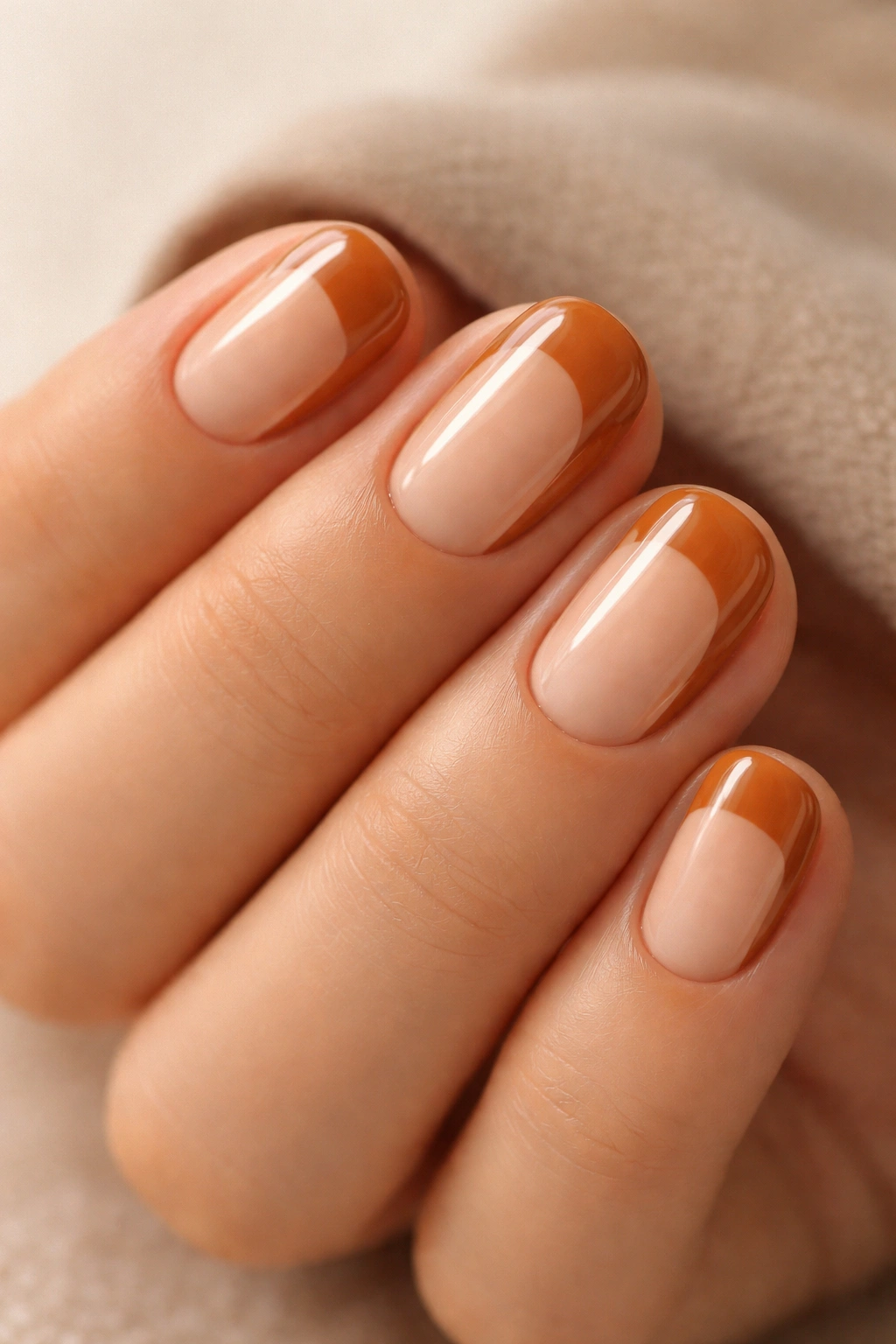 Nails with warm caramel base and negative space outlines