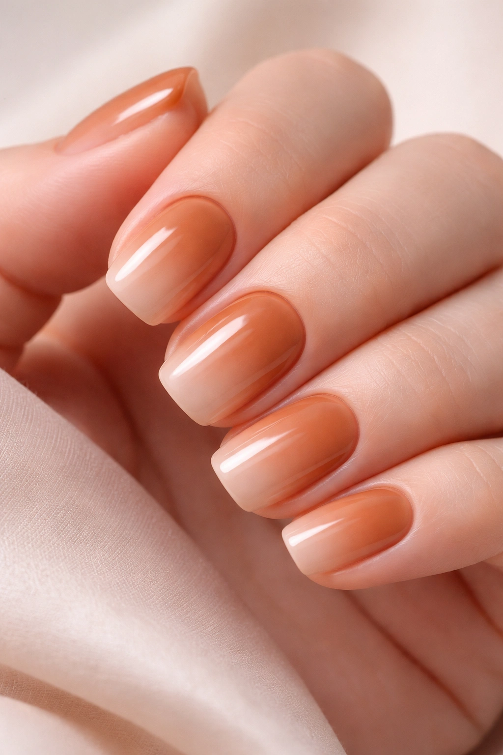 Warm caramel nails with soft nude ombre on short squoval nails