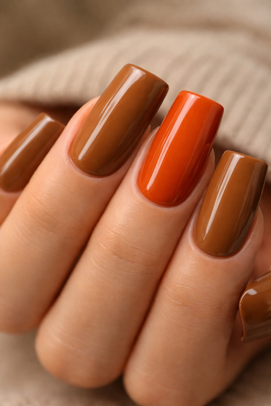 Close-up of duck nails with warm caramel base and burnt orange accent