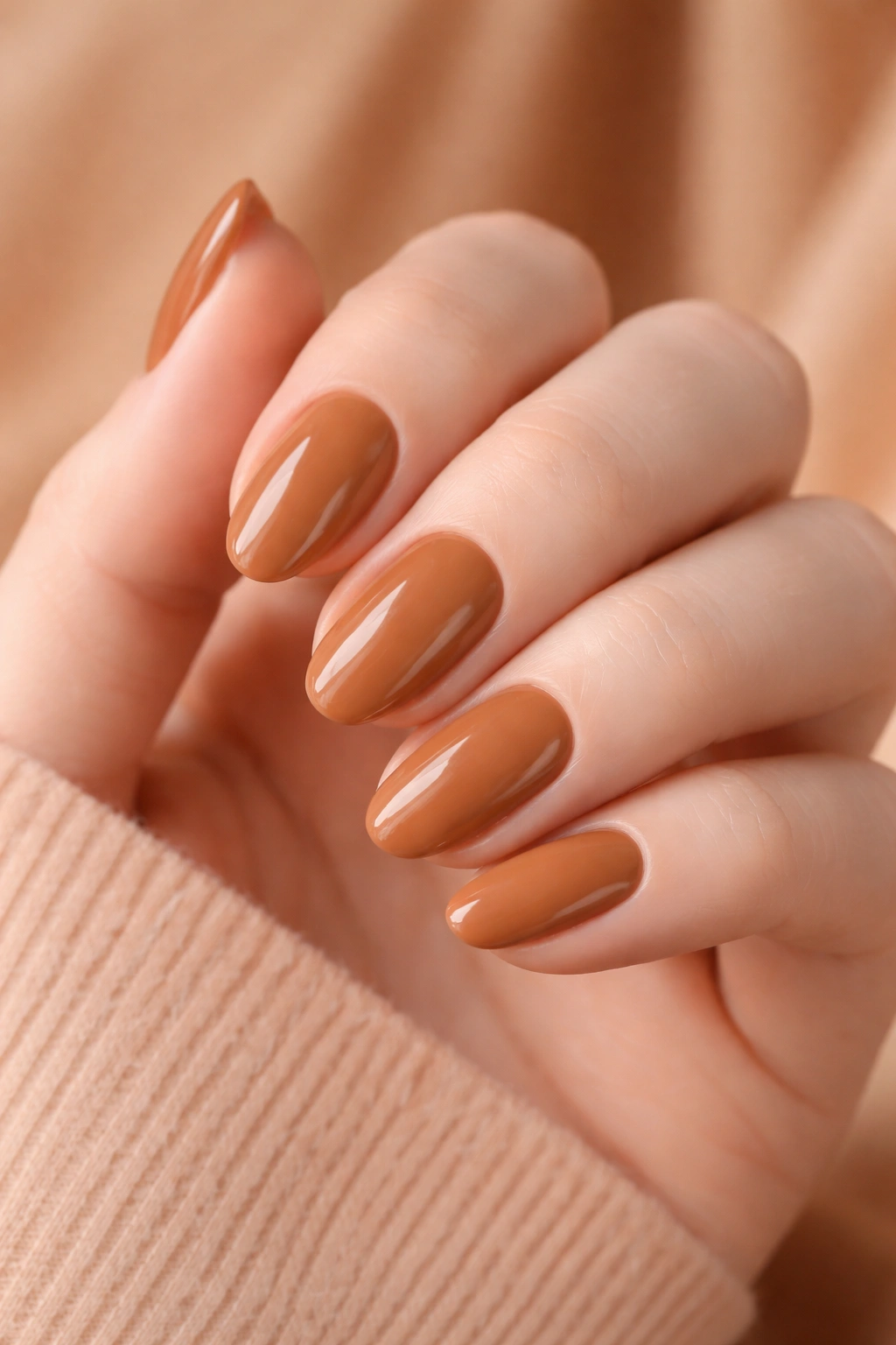 Pale-skinned hand with warm caramel nails on a soft backdrop