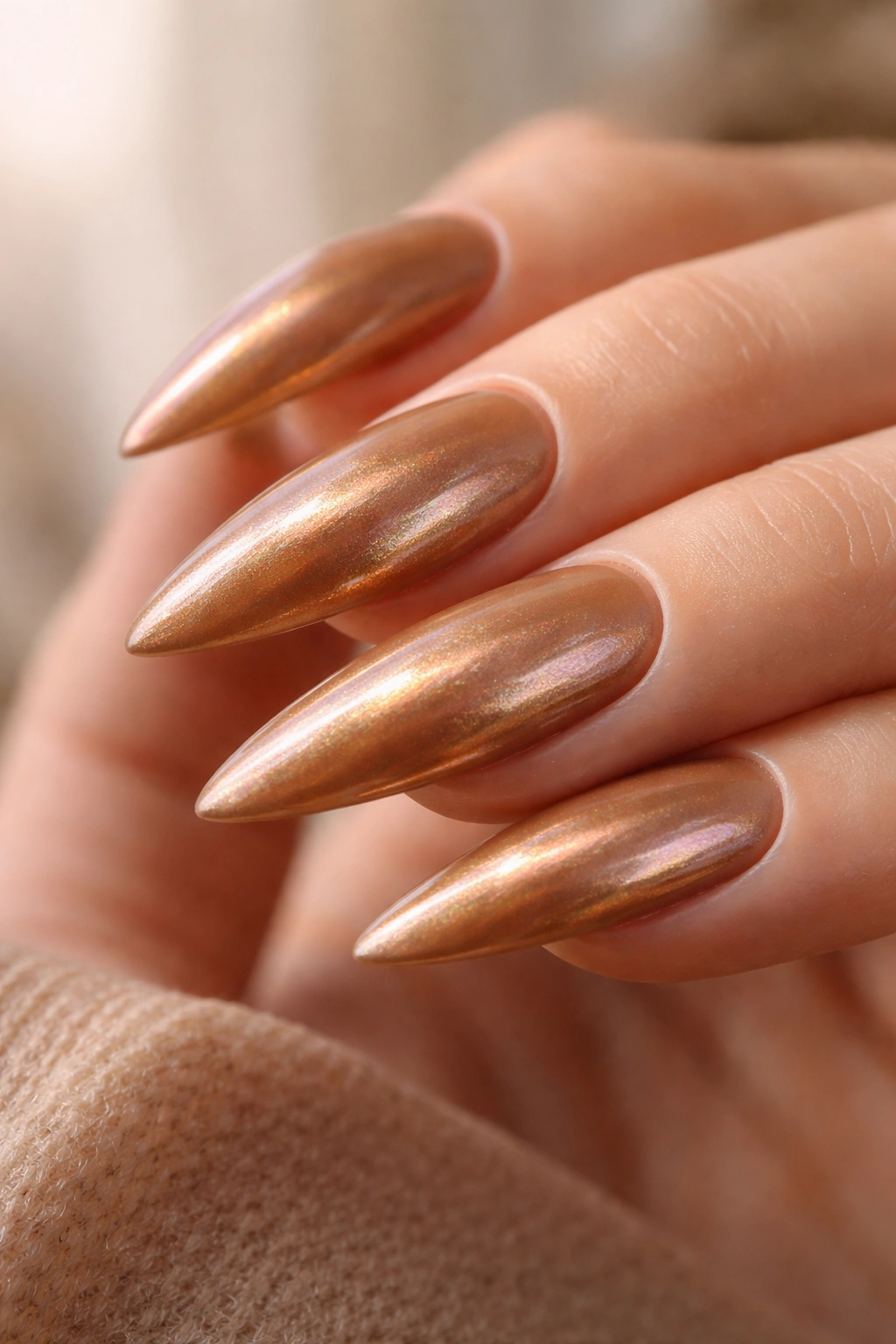 Caramel nails with pearl finish stiletto shape