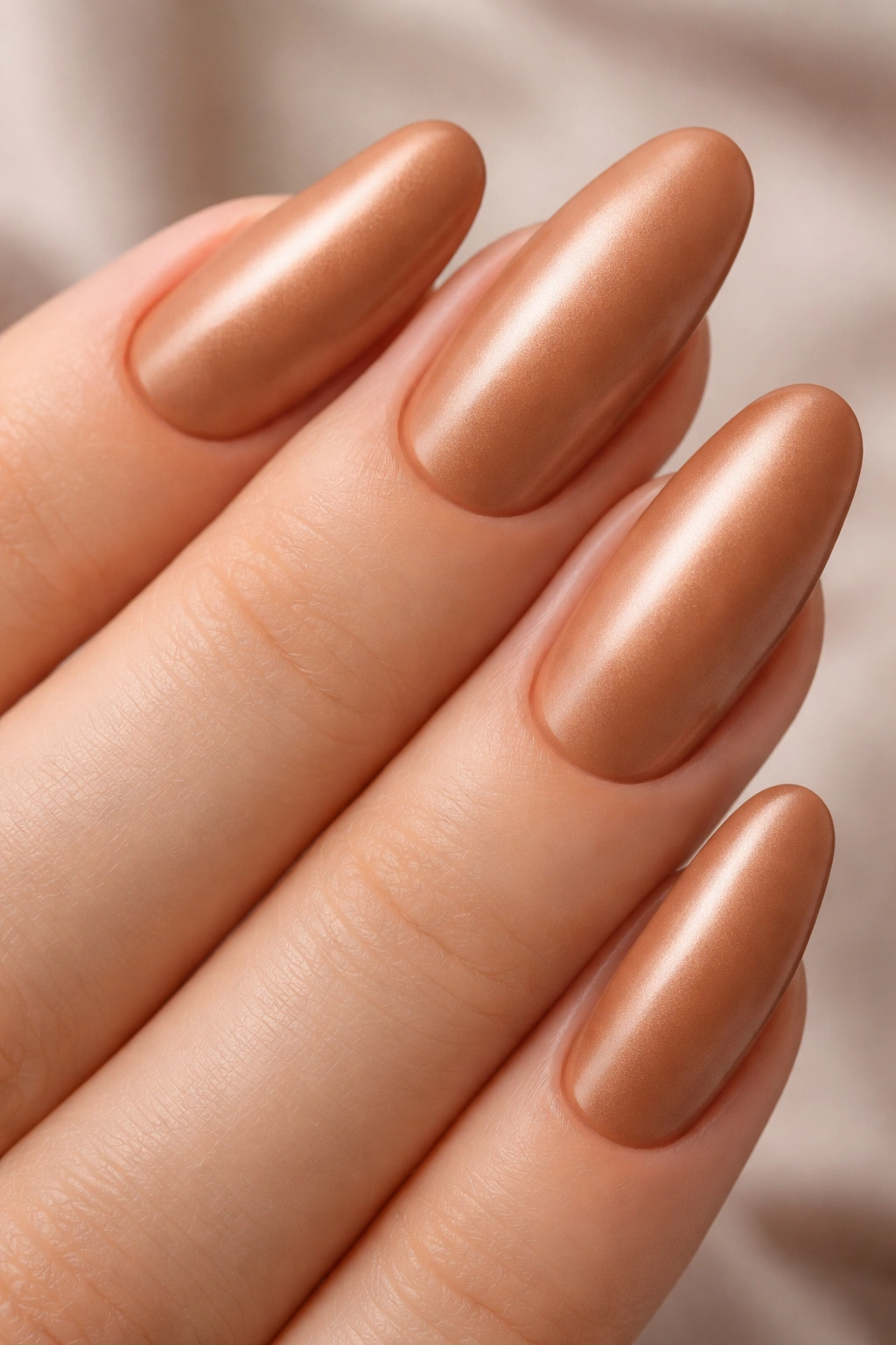 Close-up of warm caramel satin nails on a neutral background
