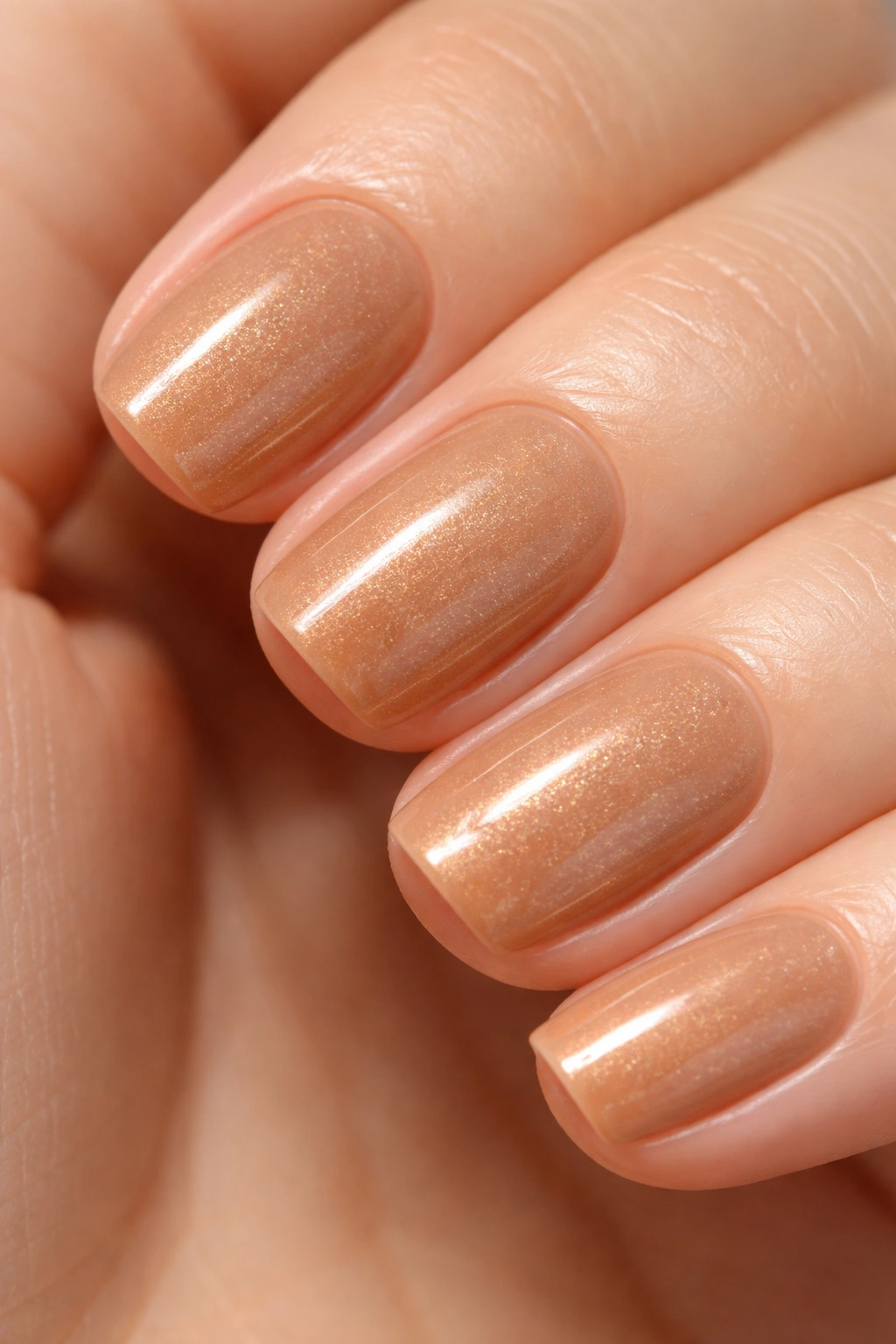 Close-up of short squoval nails in Warm Caramel with subtle shimmer.