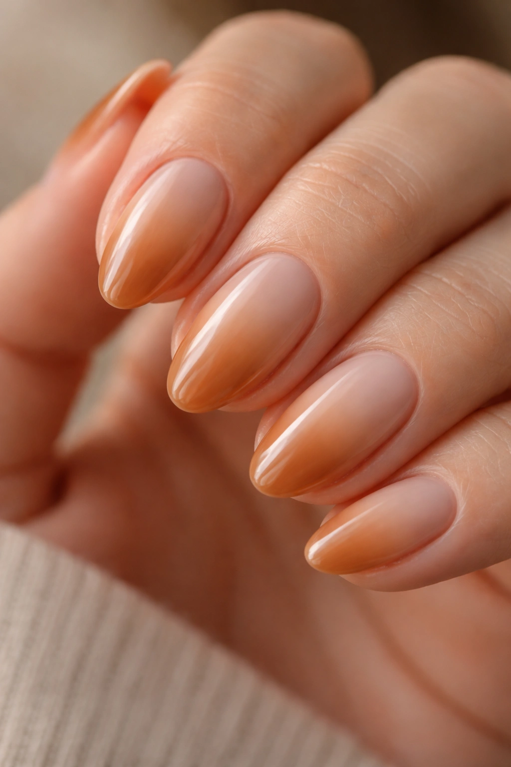 Close-up of short almond nails with caramel nude fade