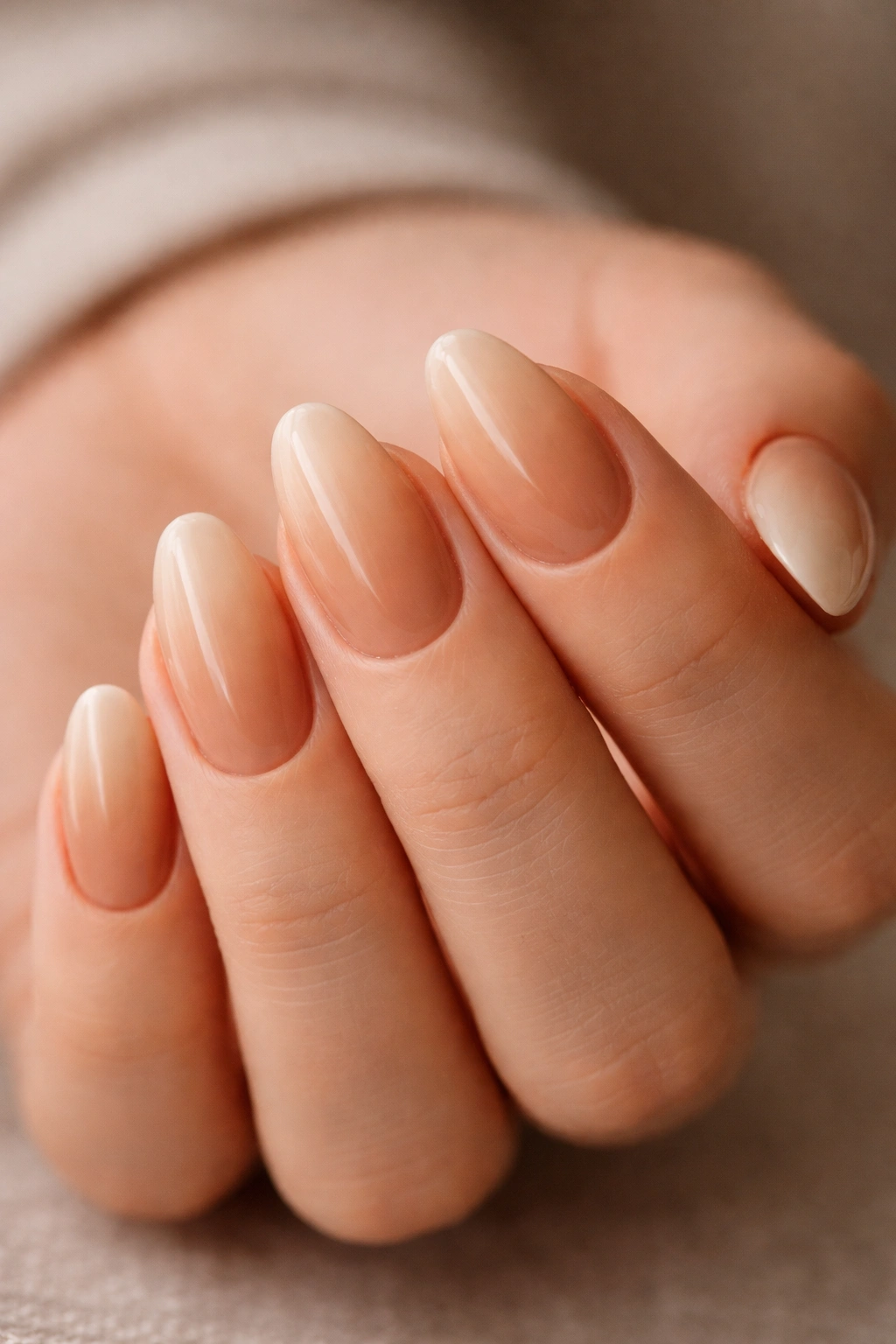 Caramel nude to latte ombre on short almond nails