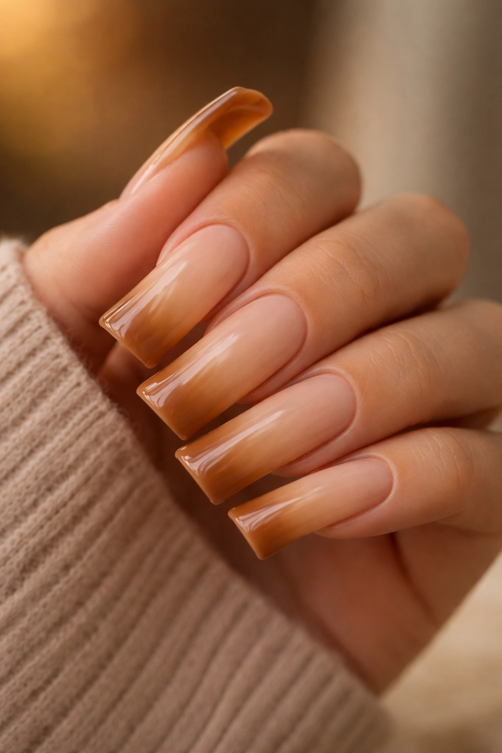 Duck nails in creamy caramel ombre highlighting curved edges.