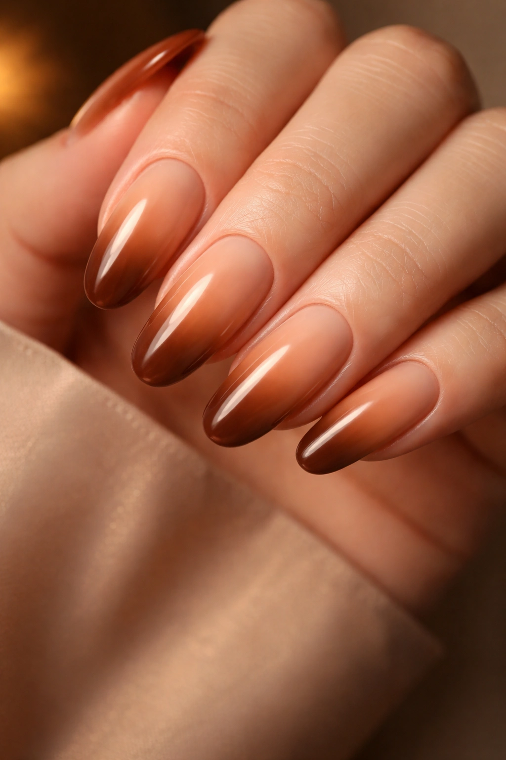 Close-up of warm caramel ombre on long oval nails from pale base to deep tip