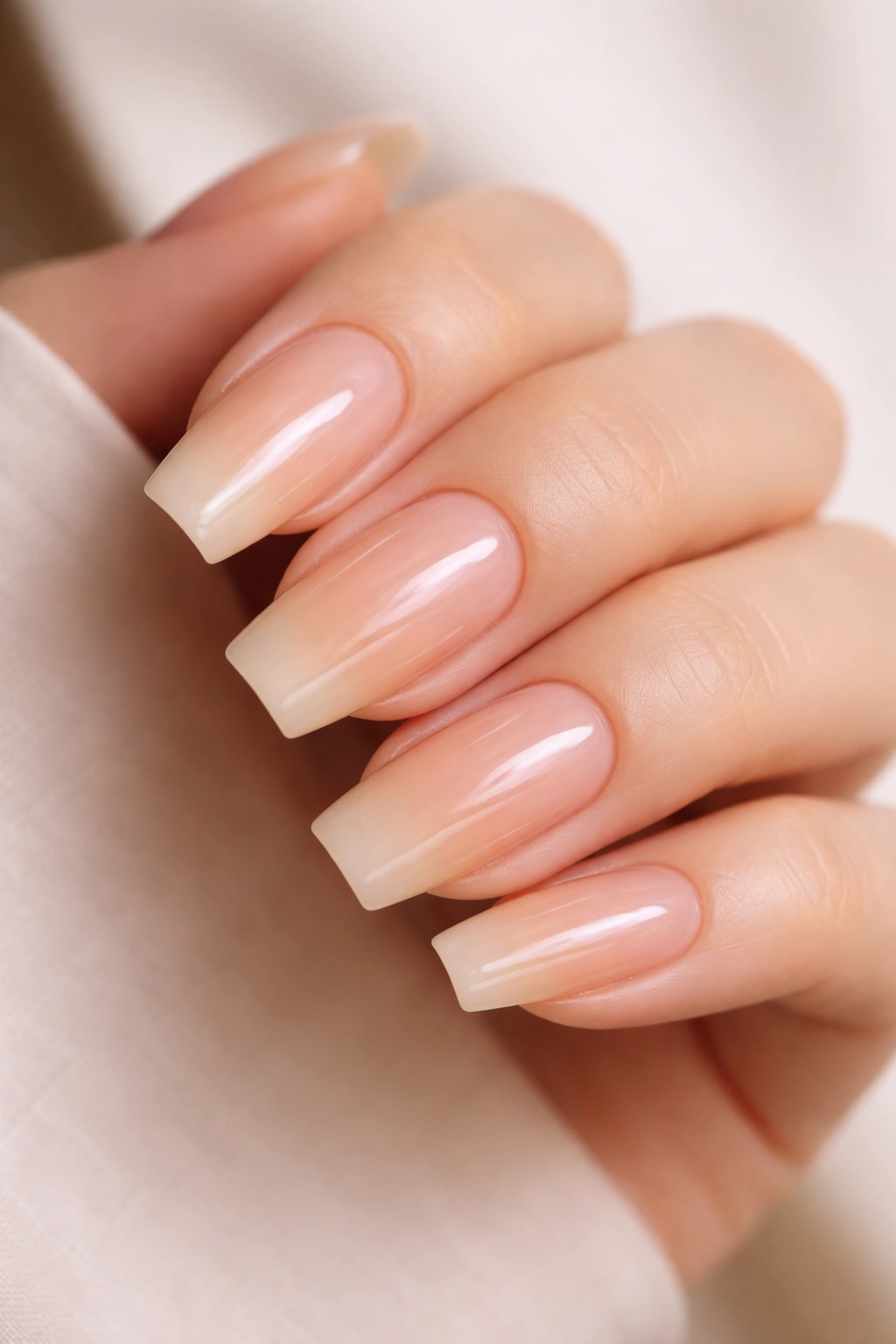 Caramel ombré nude nails on medium-length ballerina shape
