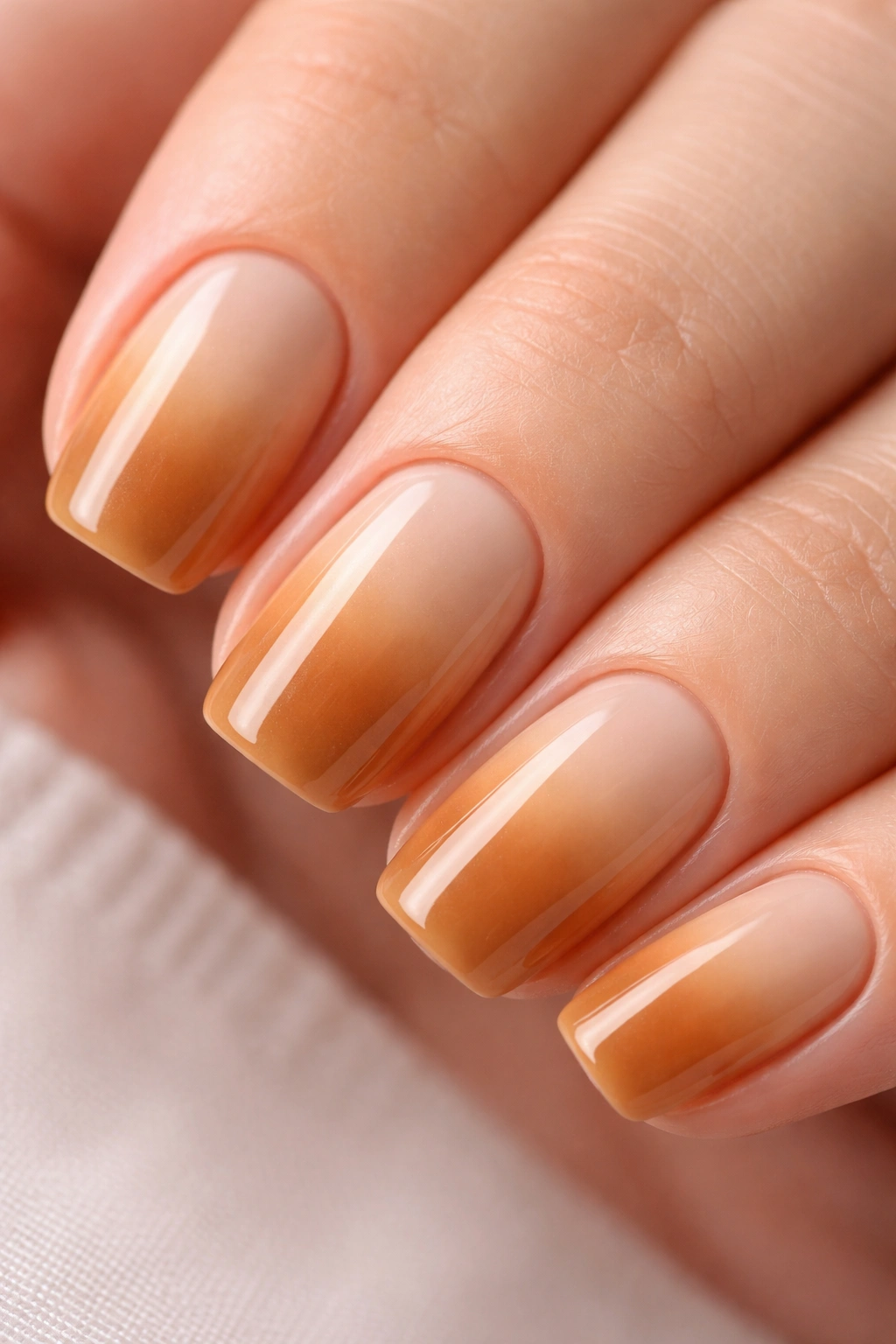 Close-up of warm caramel ombre on short squoval nails