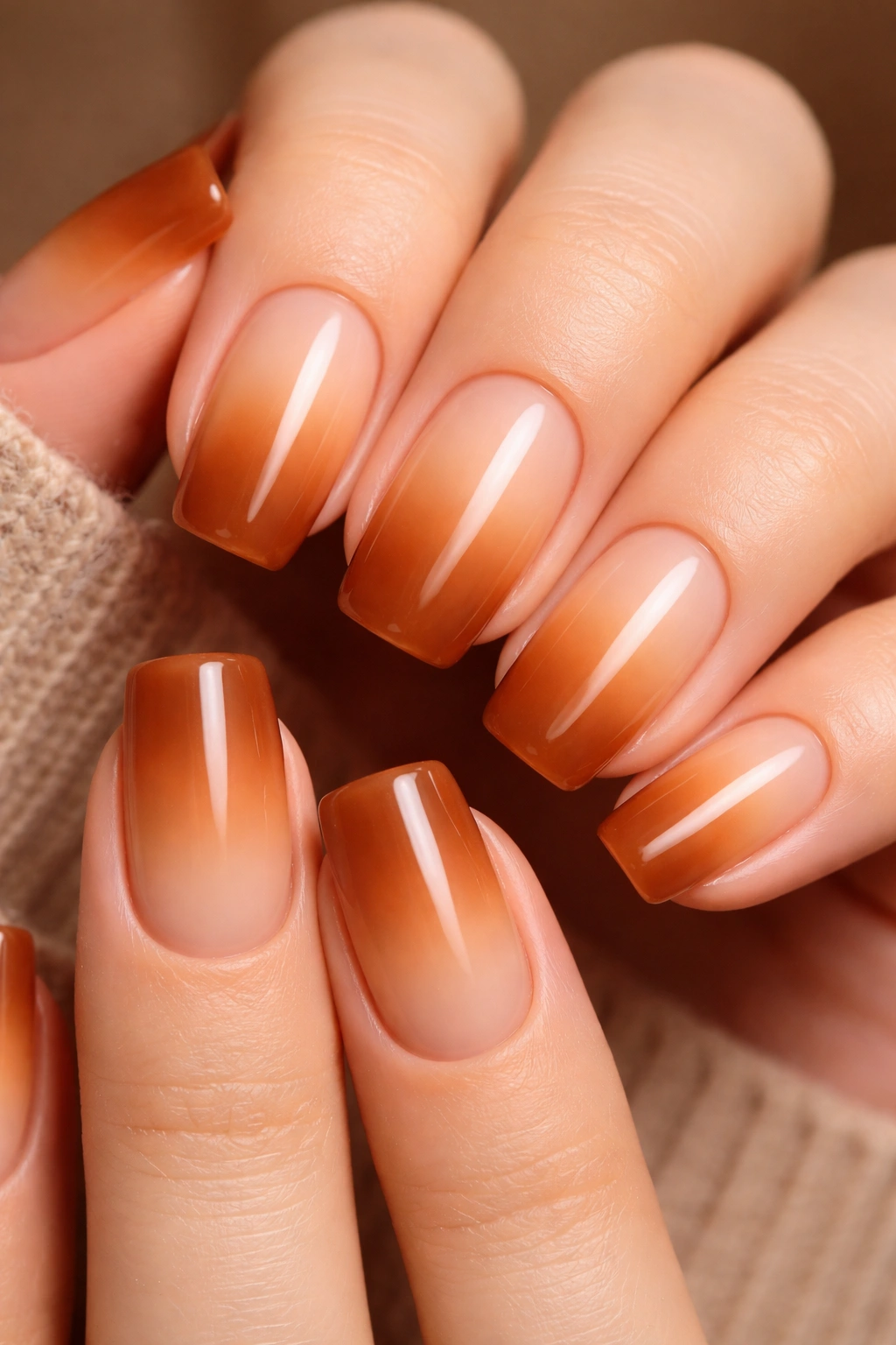 Caramel ombre nails from light base to dark tips