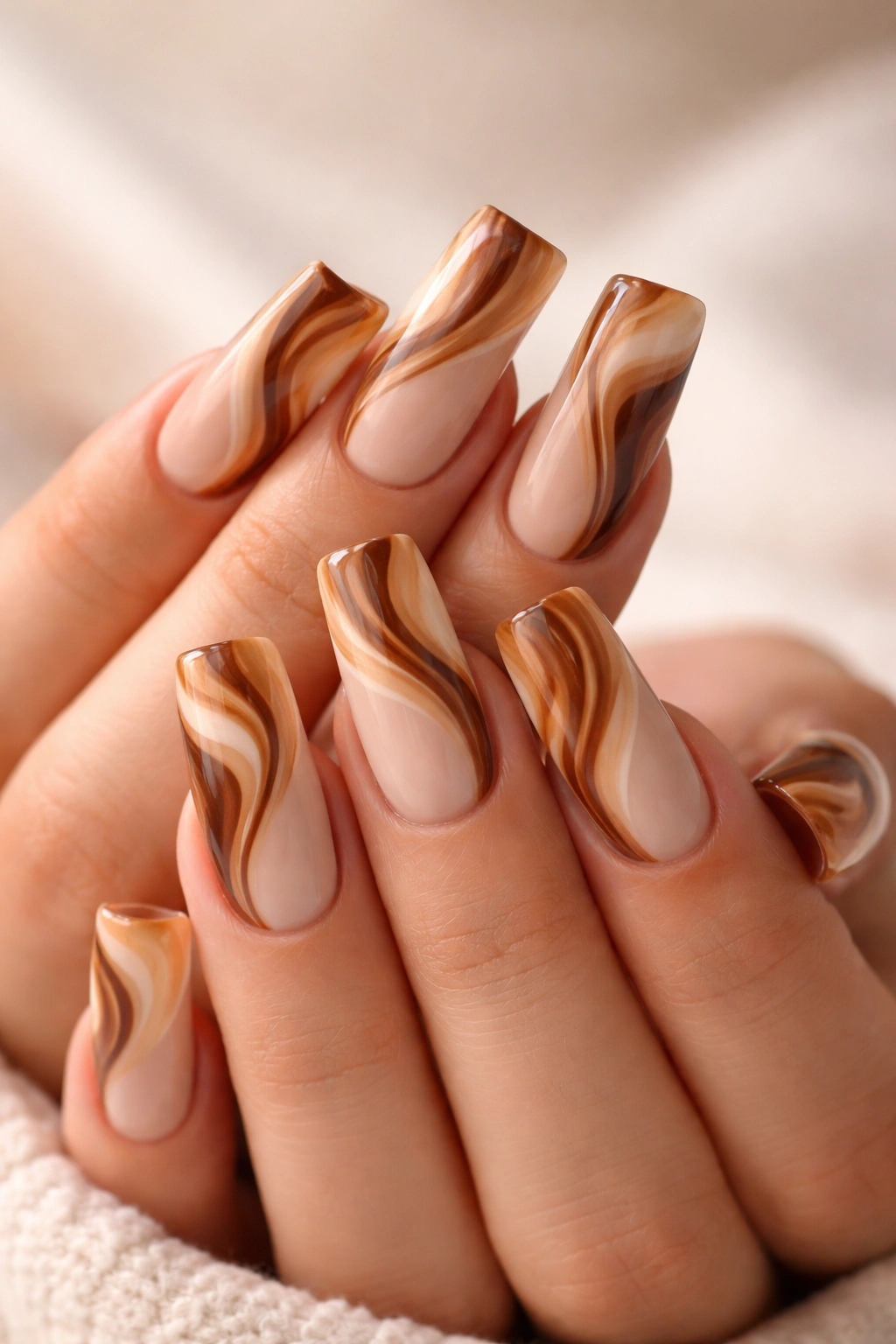 Close-up of caramel swirl gradient duck nails on nude base