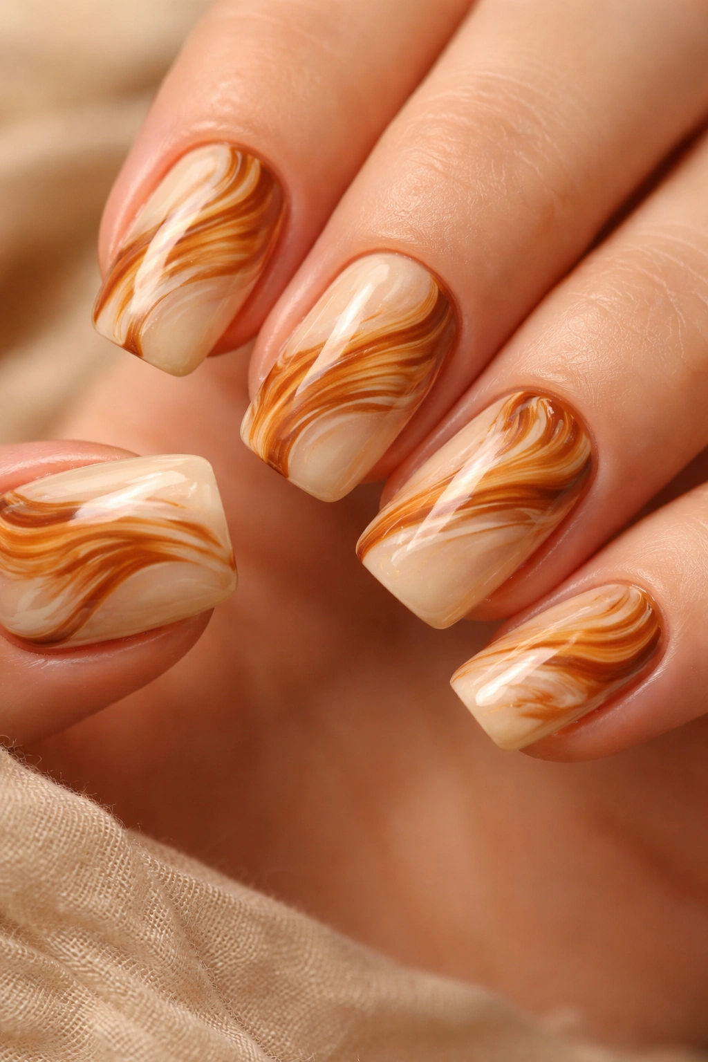 Caramel swirl marbling on pale caramel nails.