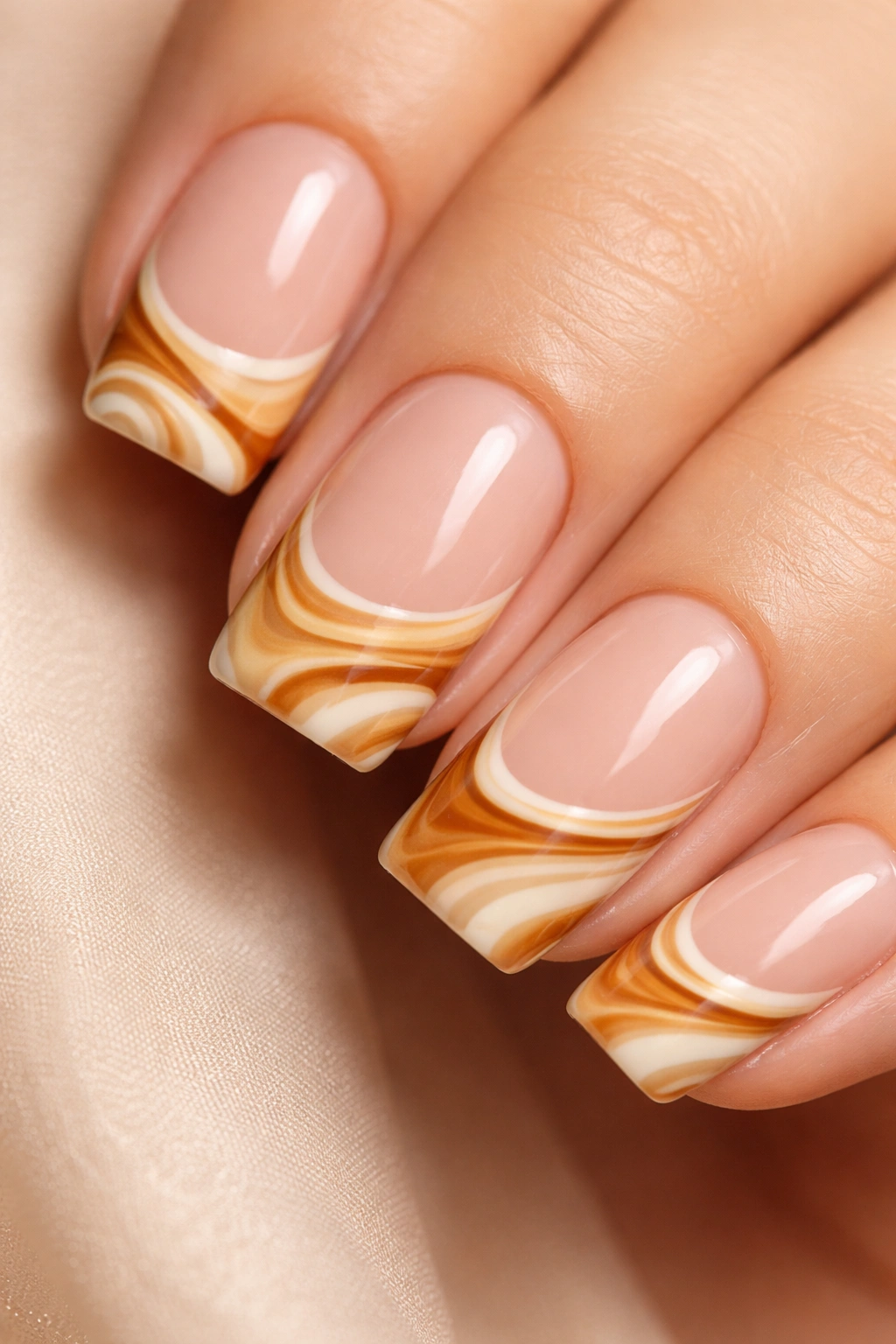 Close-up of squoval nail with caramel and vanilla swirl