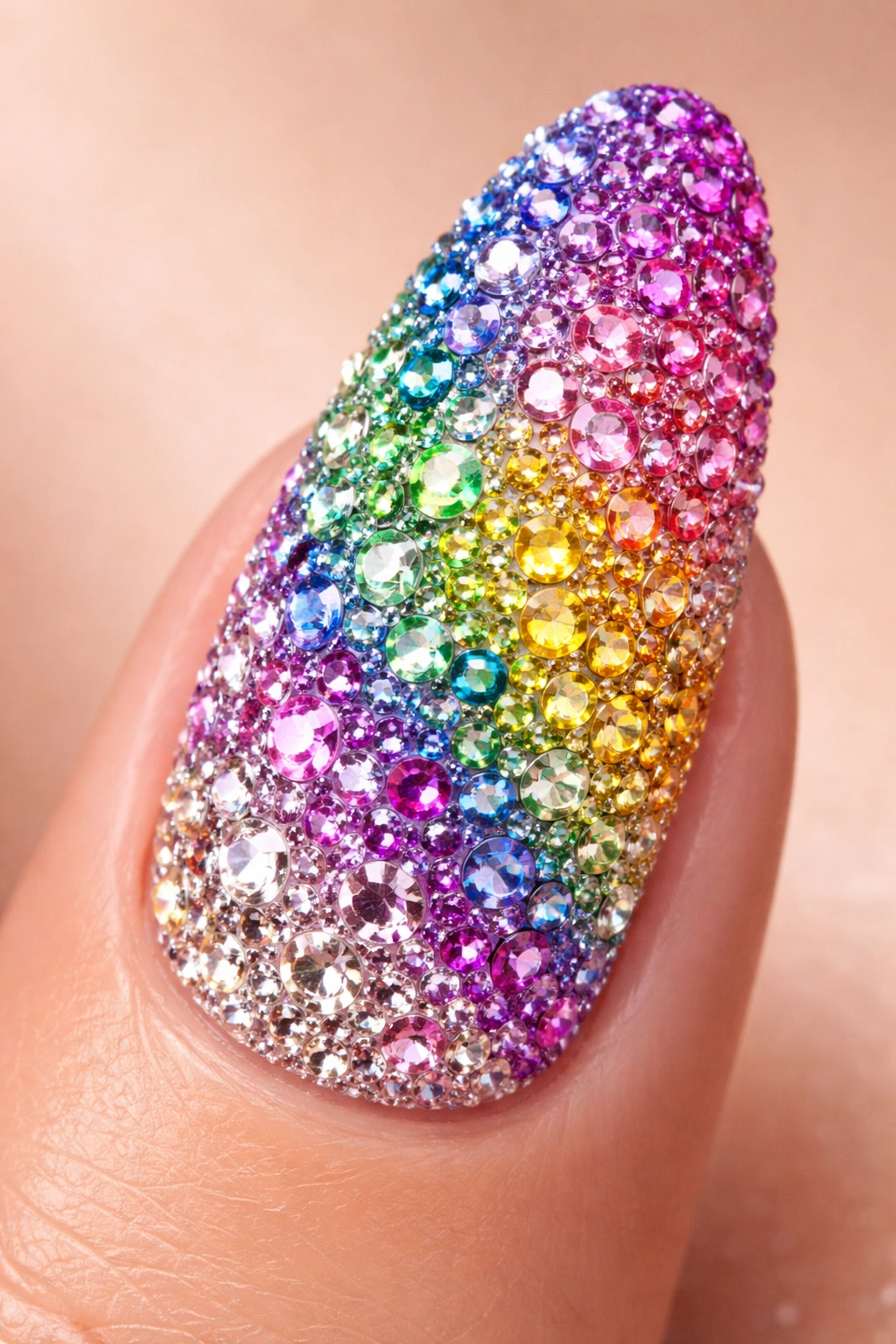Close-up of a rhinestone-studded fingernail with rainbow stones on a neutral background
