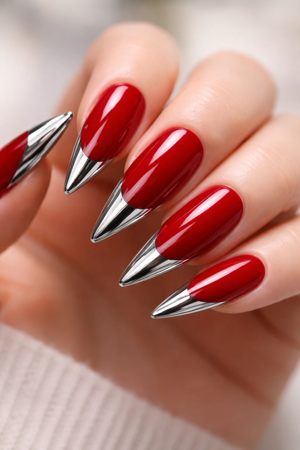 Cardinal red stiletto nails with chrome tips