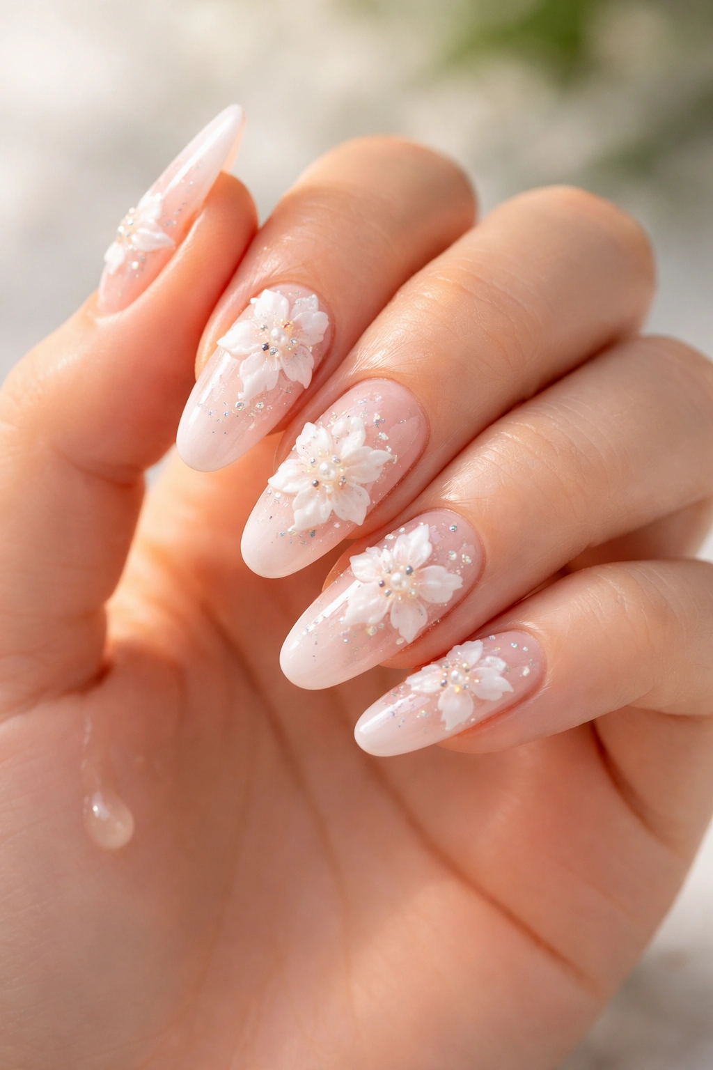Hand with 3D flower nails shown under natural light for care and maintenance