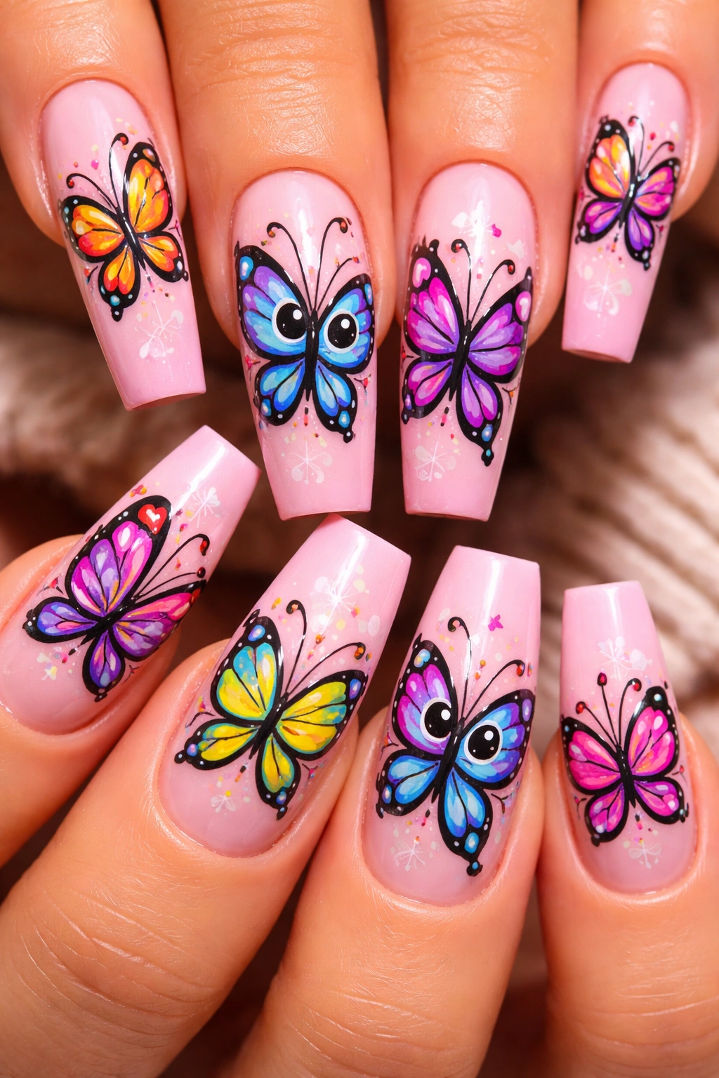 Whimsical cartoon butterfly on coffin nails